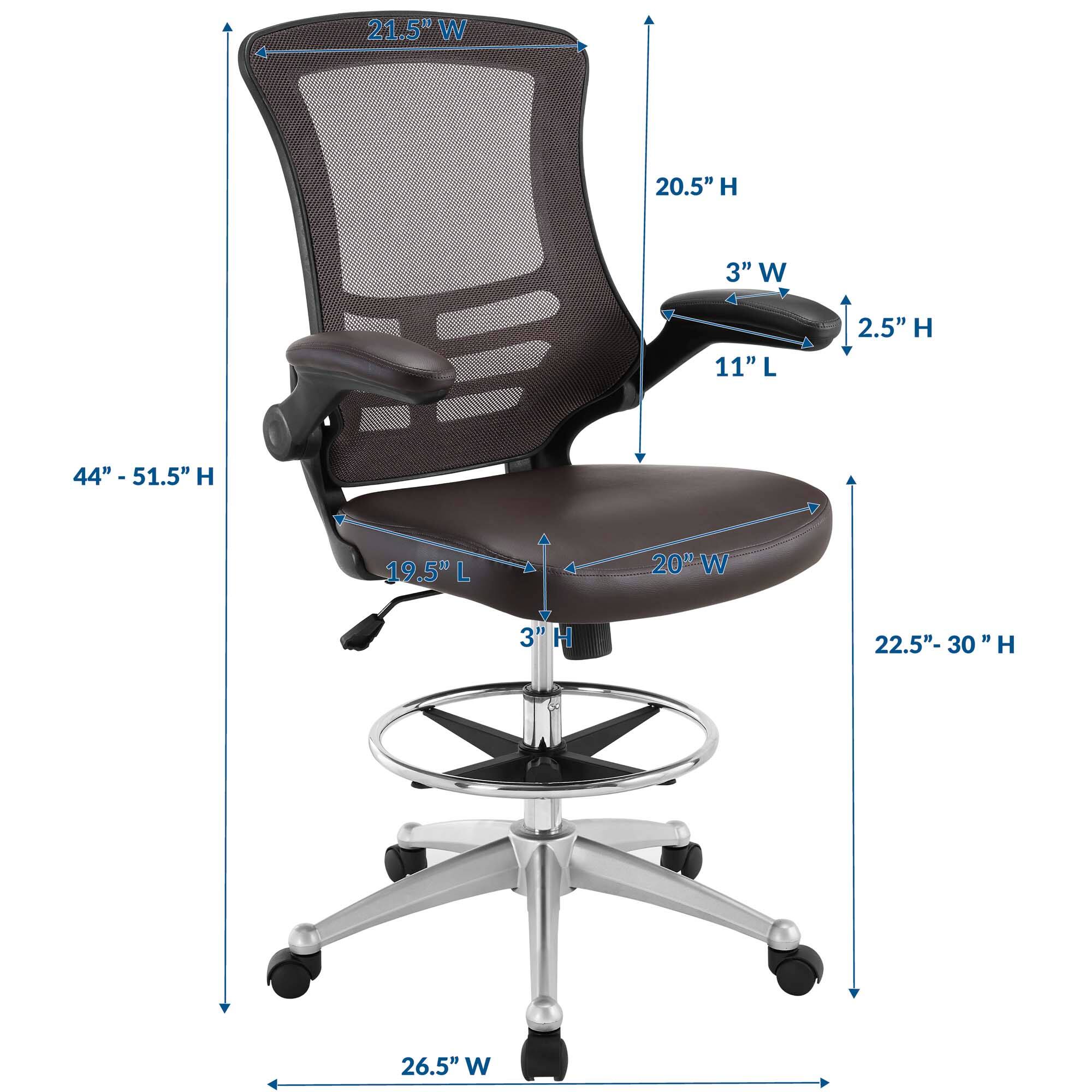 - Width: 21.5"
- Height: 44" - 51.5"
- Seat Width: 20"
- Seat Depth: 19.5"
- Armrest Width: 3"
- Armrest Height: 2.5"
- Back Height: 20.5"
- Overall Height: 22.5" - 30"
- Base Width: 26.5"