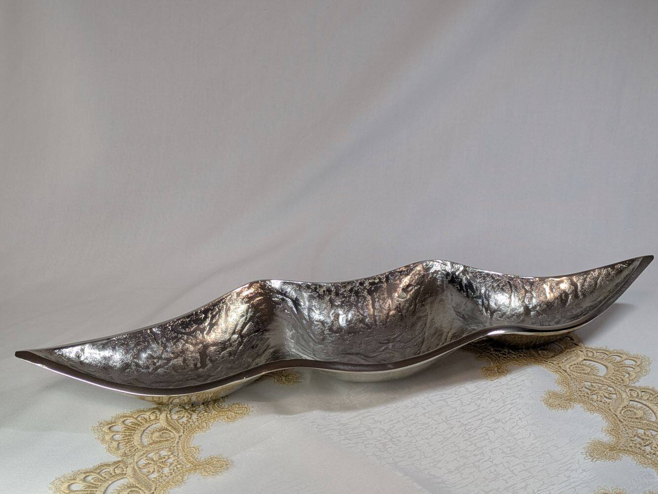 Angle. Jiallo - Premium Silver Metallic Triple Section Serving Bowl - Silver.