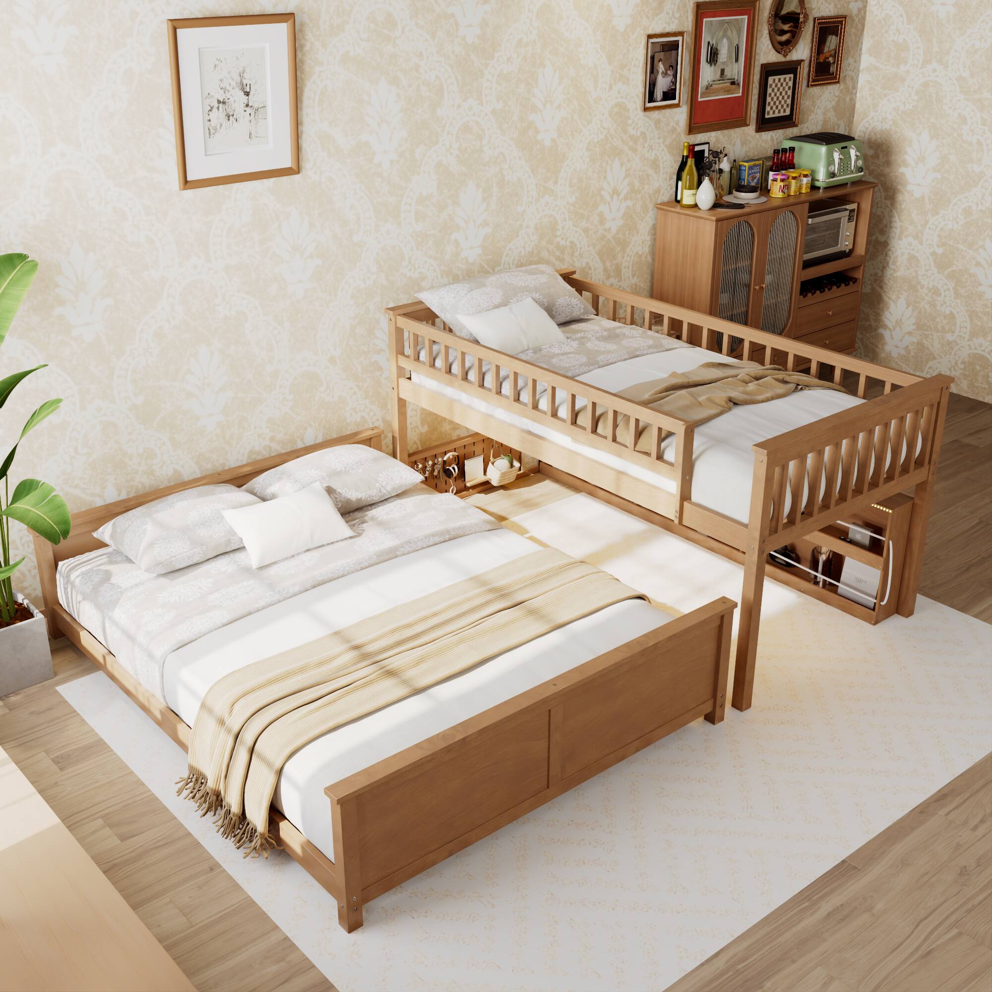 Left. Anysun - Twin XL over Queen Bunk Bed with Integrated Shelving, Color-Changing Lights and Pegboard - Brown.