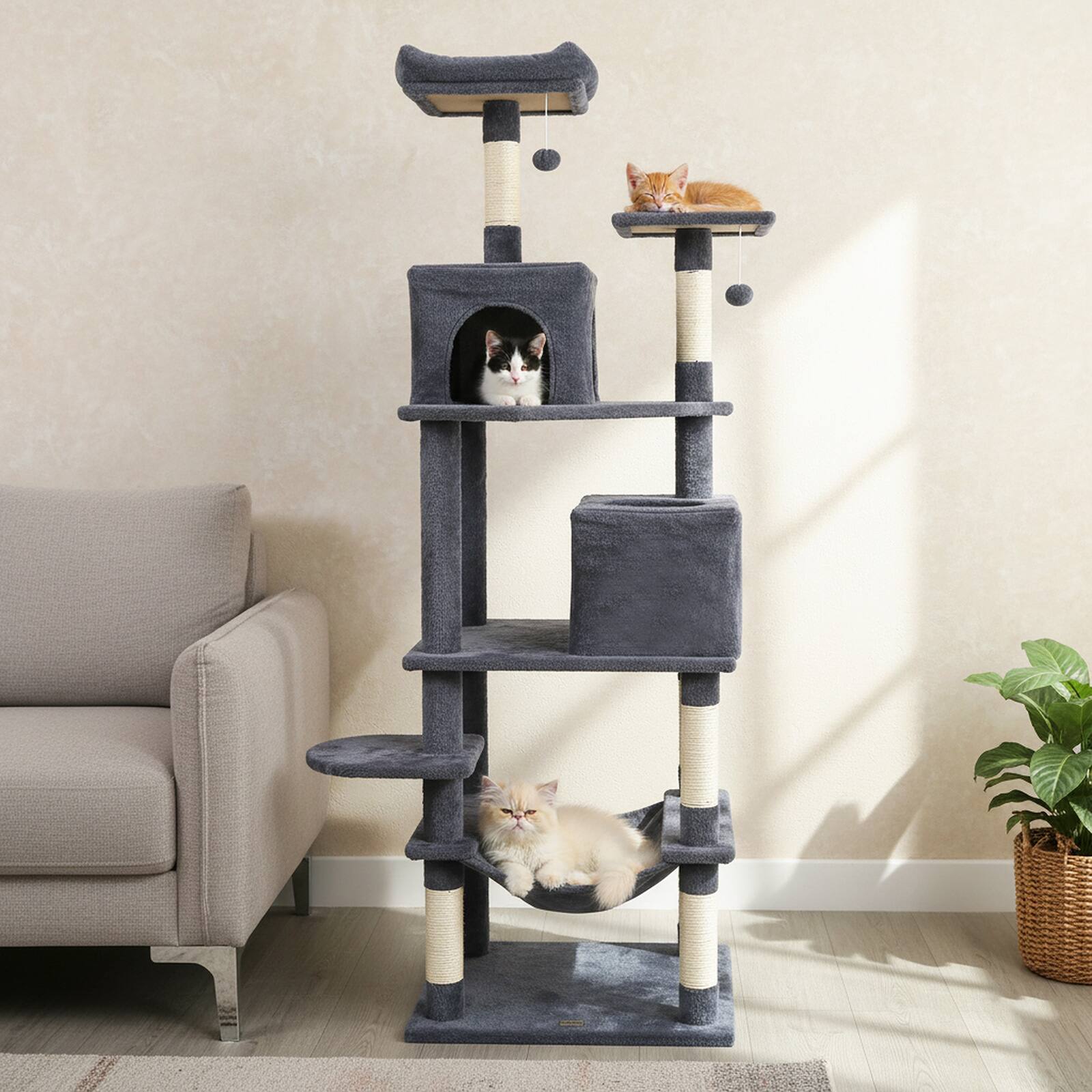 Alt View 4. Costway - Costway 70" Cat Tree for Indoor Cats with Padded Top Perch, Dual Condos, Hammock, Platforms - Dark Gray.