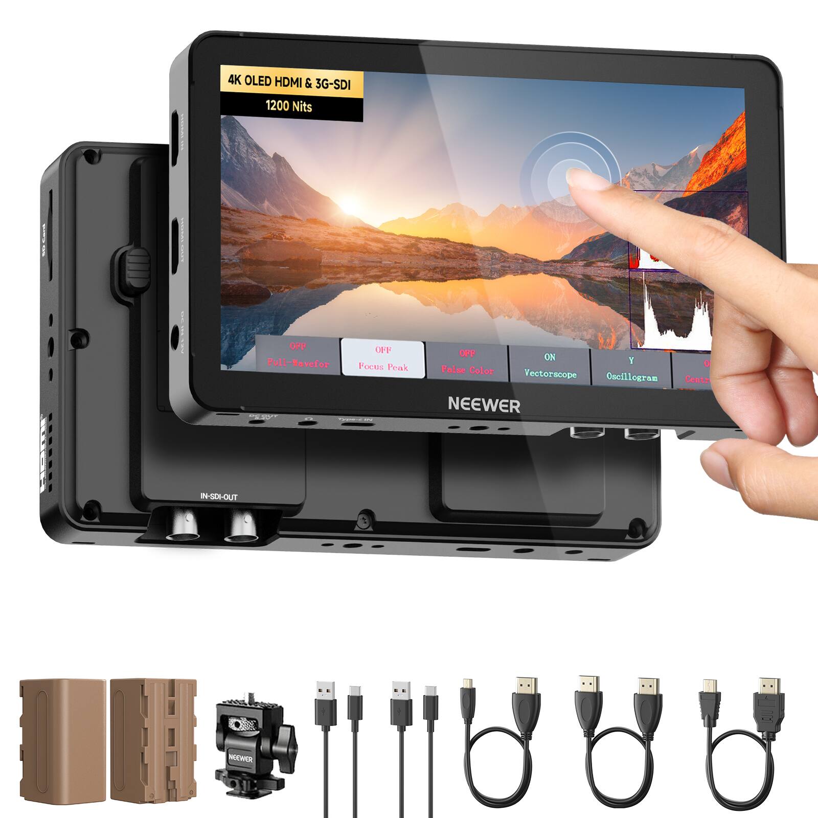 4K OLED HDMI & 3G-SDI 1200 Nits - FET OFF Pull-Vavefor - IN-SDI-OUT  
Focus Peak OFF ON  
T Palse Color Vectorscope Oscillogram  
NEEWER