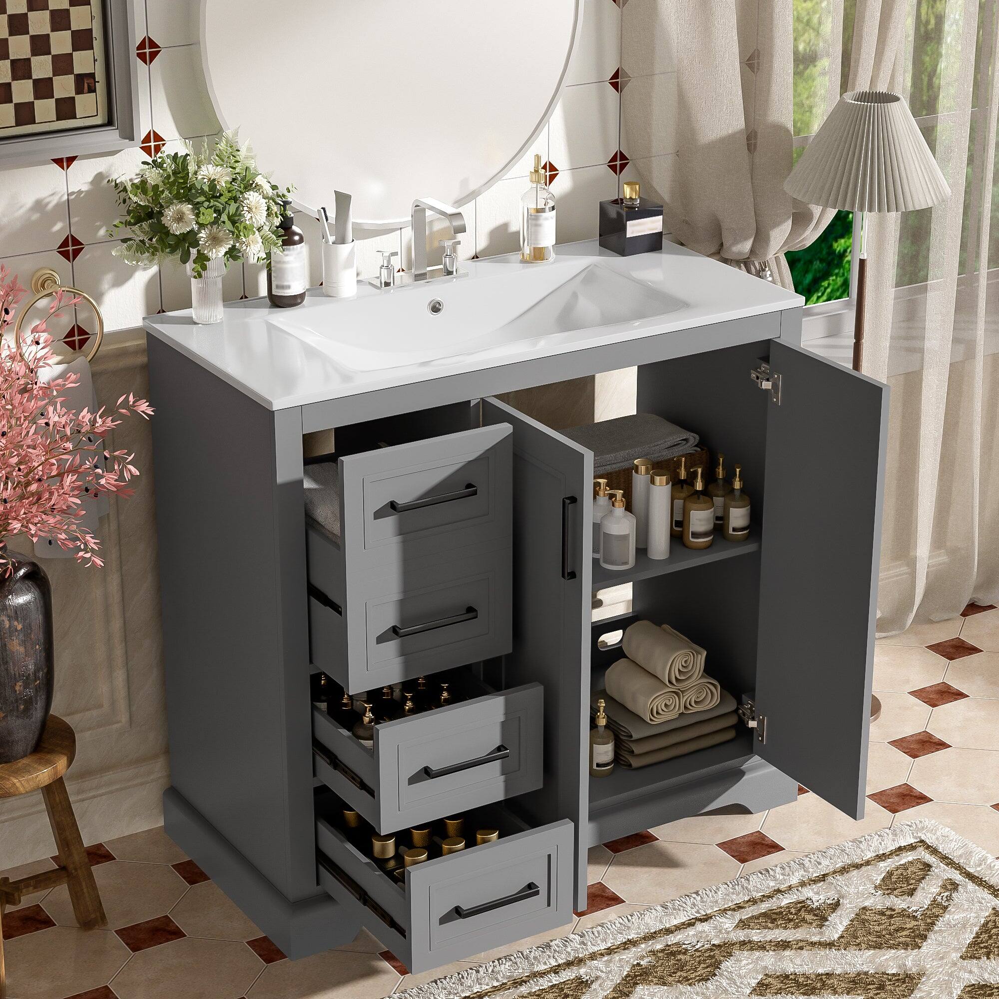 Alt View 5. Boyel Living - 36 Inch Grey Modern Bathroom Vanity with Ceramic Sink Soft Close Doors 3 Drawers Adjustable Shelf Solid Wood and MDF - Black.