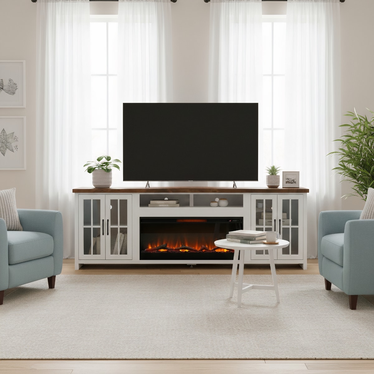 Loheer - 97 inch farmhouse fireplace tv stand for 100 inch tv with 42 inch electric fireplace - White