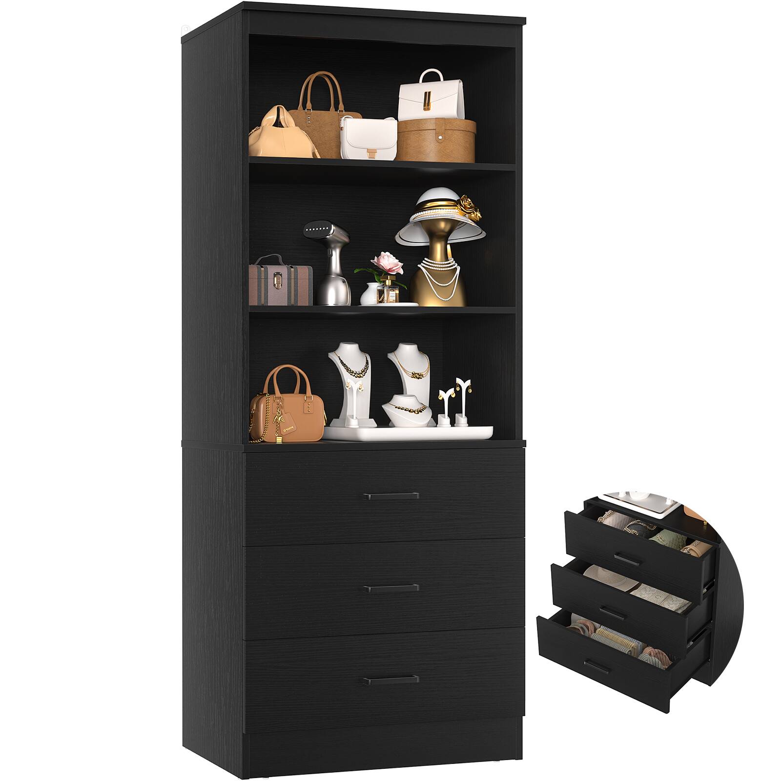Alt View 4. Aheaplus - 71'' Tall Bookcase with 3 Drawers and Shelves, 23.6'' Wide Modular Small Walk-in Storage Unit - Black.