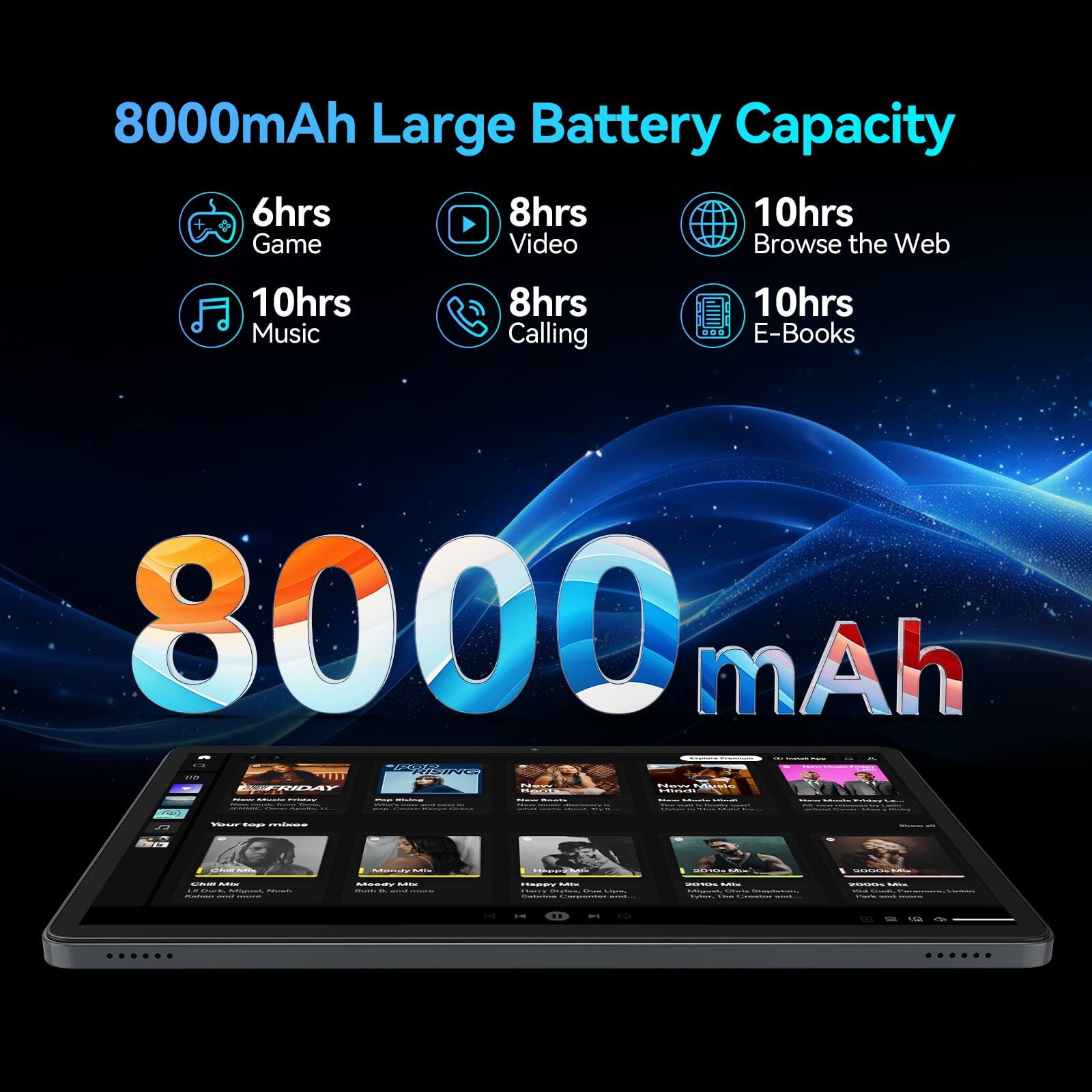 8000mAh Large Battery Capacity

- 6hrs Game
- 8hrs Video
- 10hrs Browse the Web
- 10hrs Music
- 8hrs Calling
- 10hrs E-Books

8000mAh