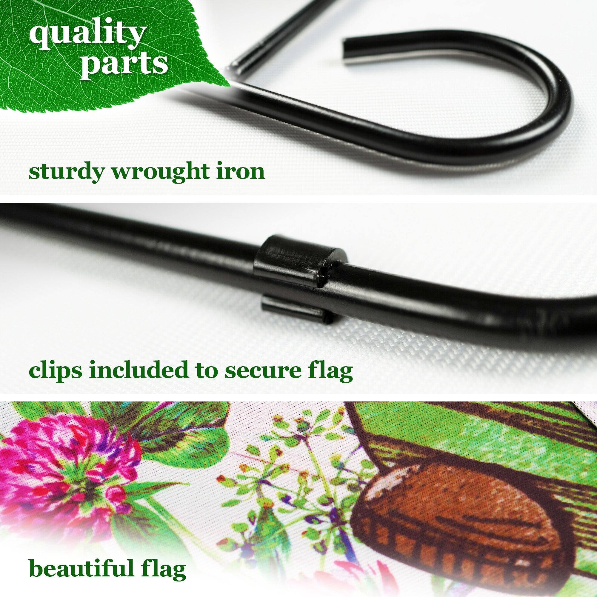 quality parts  
sturdy wrought iron  
clips included to secure flag  
beautiful flag