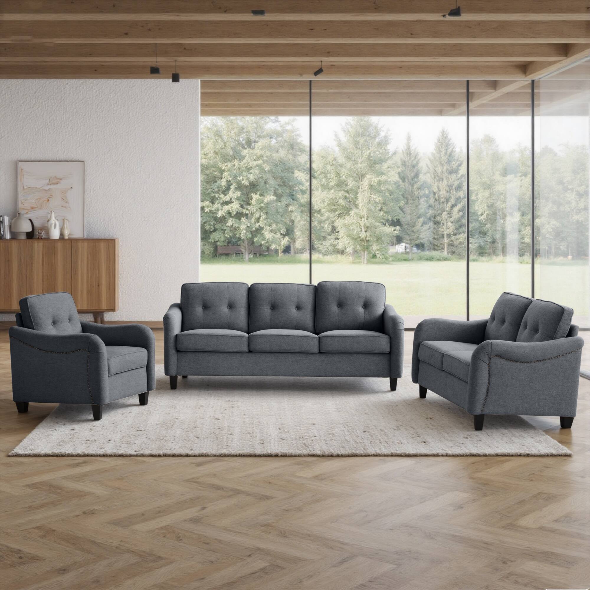 Angle. Boyel Living - Modern 3-Piece Linen Fabric Living Room Set - Gray and Black.