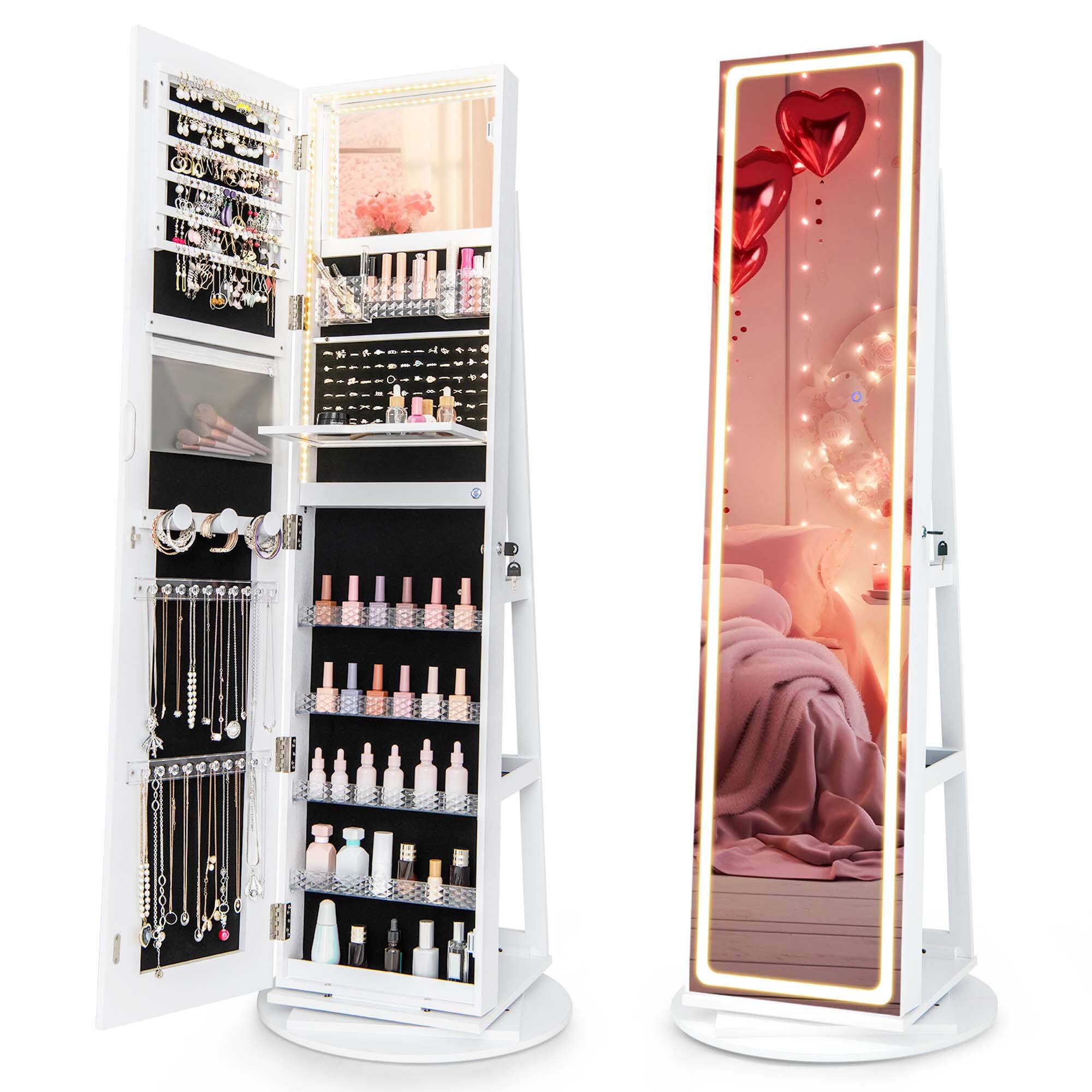 Alt View 11. Costway - 360° Swivel Jewelry Cabinet Organizer 3-Color LED Mirror with Built-in Lights White - White.