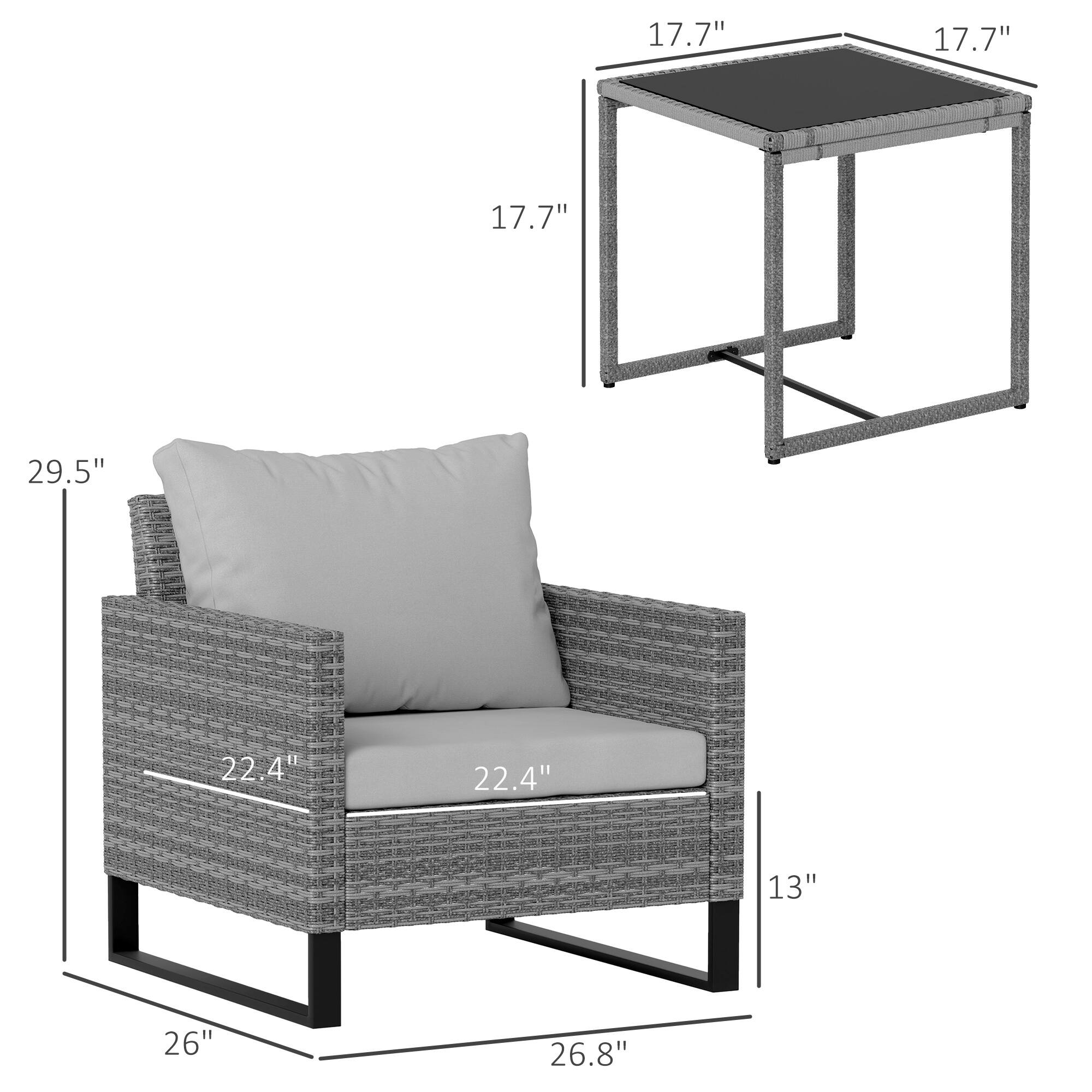 The dimensions of the chair are 26" wide, 22.4" deep, 29.5" high, and 13" seat height. The dimensions of the table are 17.7" square.