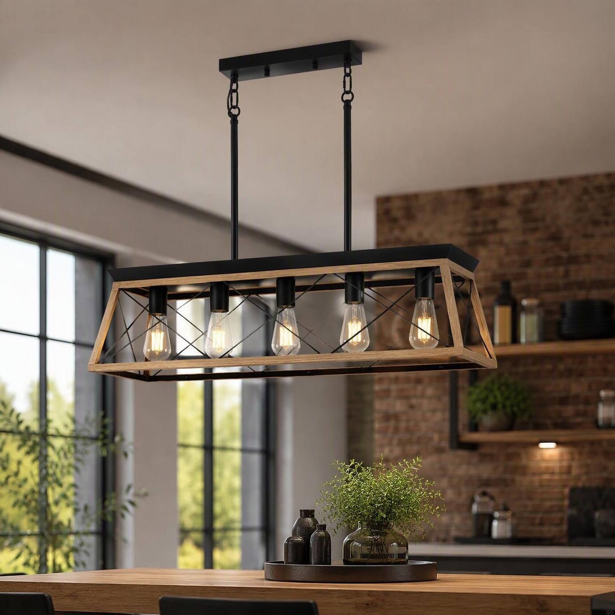 Alt View 3. RYHNUYNE - 32-Inch Oak Finish Industrial 5-Light Pendant Chandelier, Modern Cage Metal Shade, Adjustable Height for Dining Room.