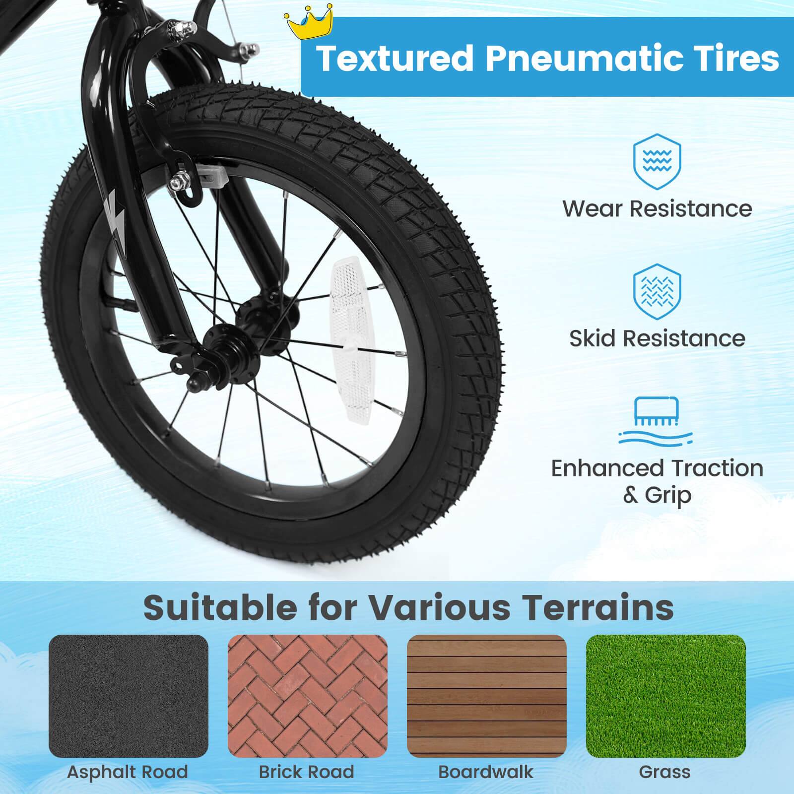 Textured Pneumatic Tires

- Wear Resistance
- Skid Resistance
- Enhanced Traction & Grip

Suitable for Various Terrains

- Asphalt Road
- Brick Road
- Boardwalk
- Grass