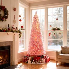 Gymax - 6 FT Pre-Lit Christmas Tree Slim Pencil Xmas Tree w/ 392 Snow Flocked PVC Branch Tips - Pink