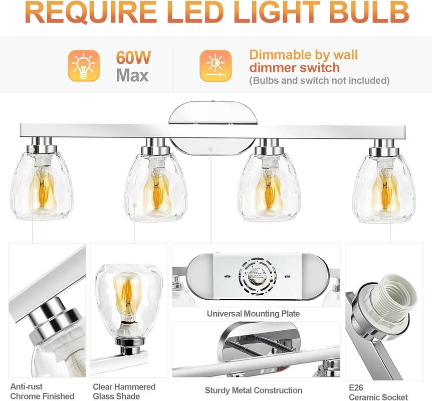 REQUIRE LED LIGHT BULB

- 60W Max
- Dimmable by wall dimmer switch (Bulbs and switch not included)
- Anti-rust Chrome Finished
- Clear Hammered Glass Shade
- Sturdy Metal Construction
- Universal Mounting Plate
- E26 Ceramic Socket