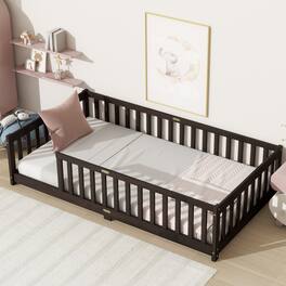 GOODSILO - Twin Size Floor Bed with Safety Fence for Kids, Sturdy Rubber Wood Construction, Easy Assembly - Espresso