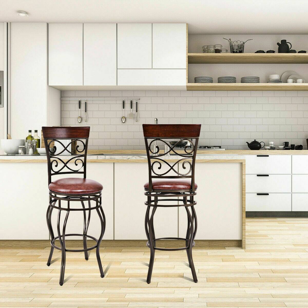 Alt View 2. Gymax - Gymax 2PCS Retro Swivel Bar Stools w/ Padded Seat Home Kitchen Pub Bistro - Cherry + Brown.