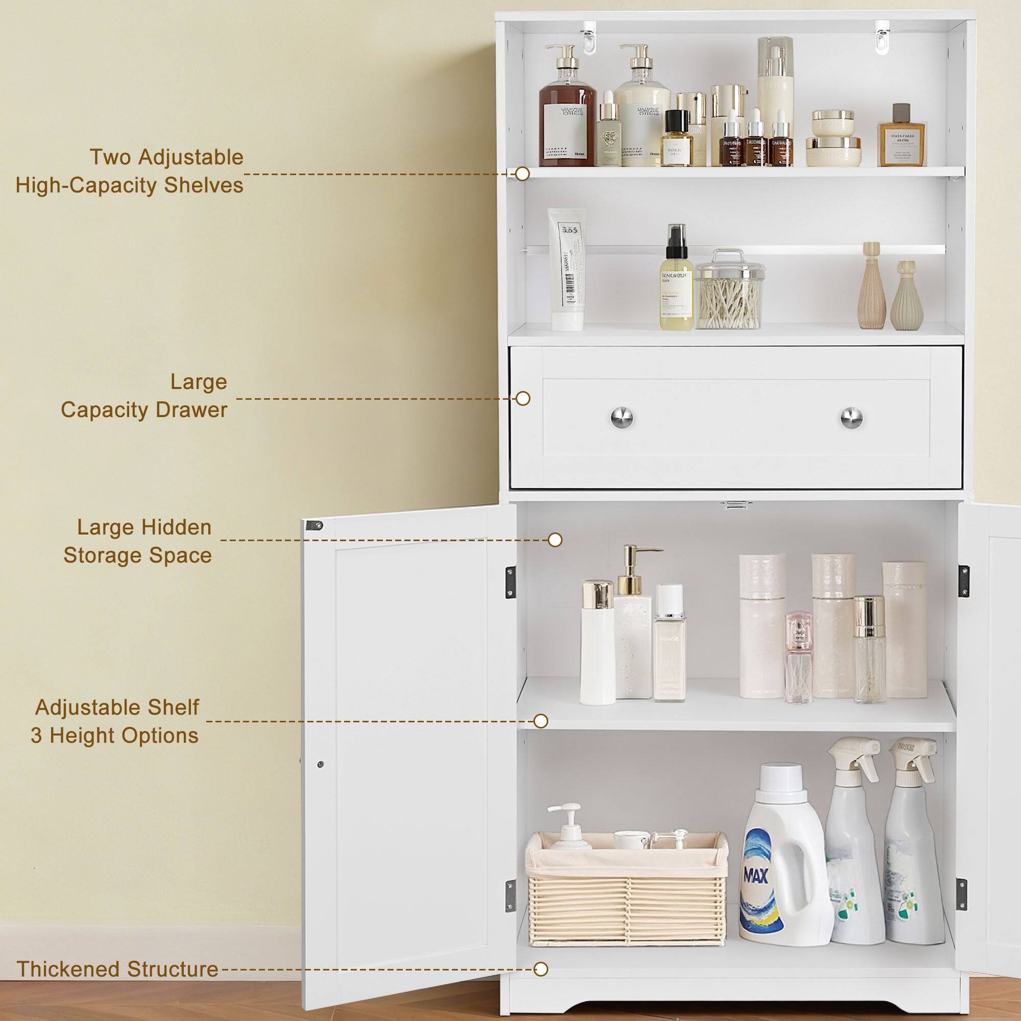 - Two Adjustable High-Capacity Shelves
- Large Capacity Drawer
- Large Hidden Storage Space
- Adjustable Shelf 3 Height Options
- Thickened Structure