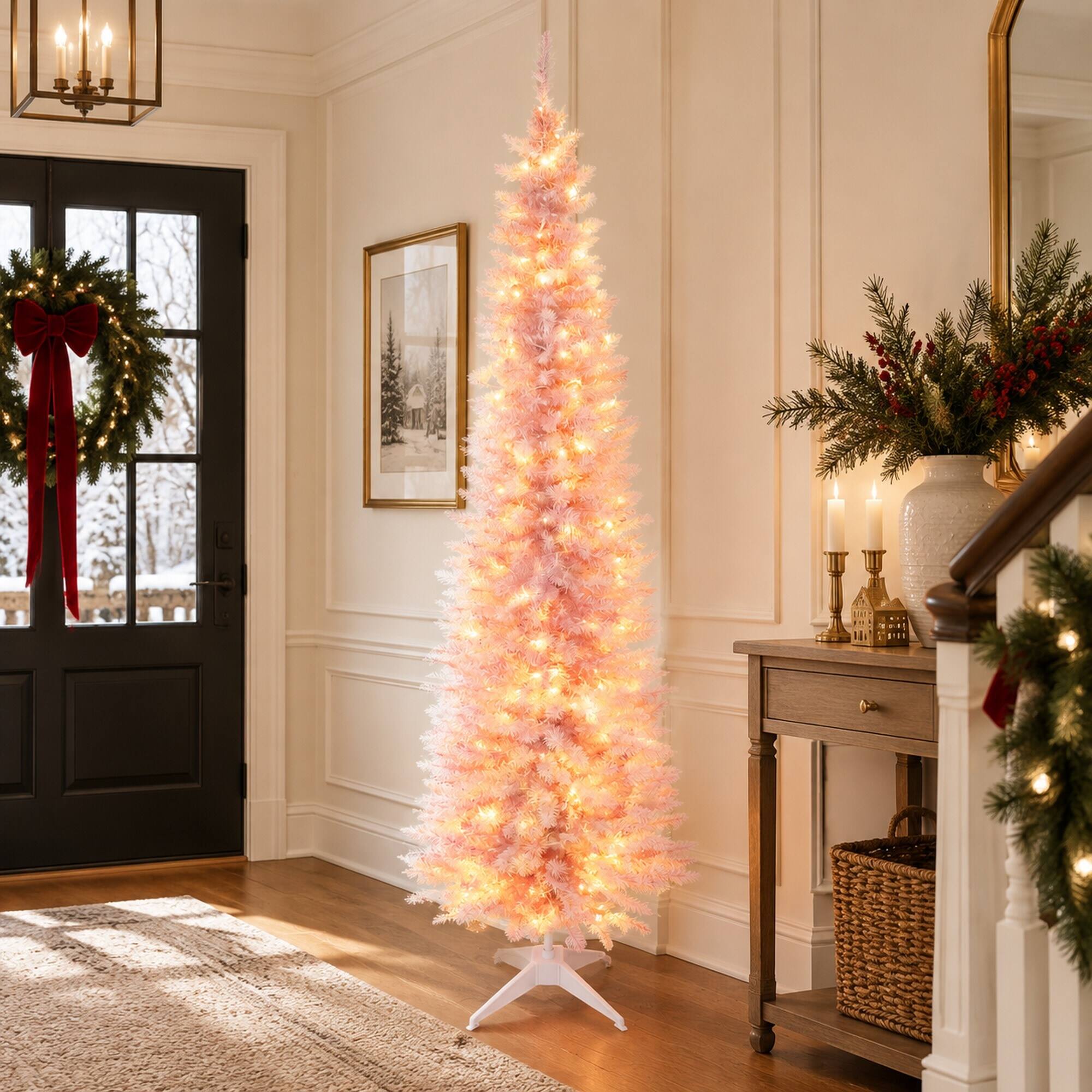 Back. RYHNUYNE - 7 Ft Slim Noble Fir Pink Artificial Christmas Tree With 200 Warm White LED Lights, 499 Tips Metal Stand Decor - Pink.