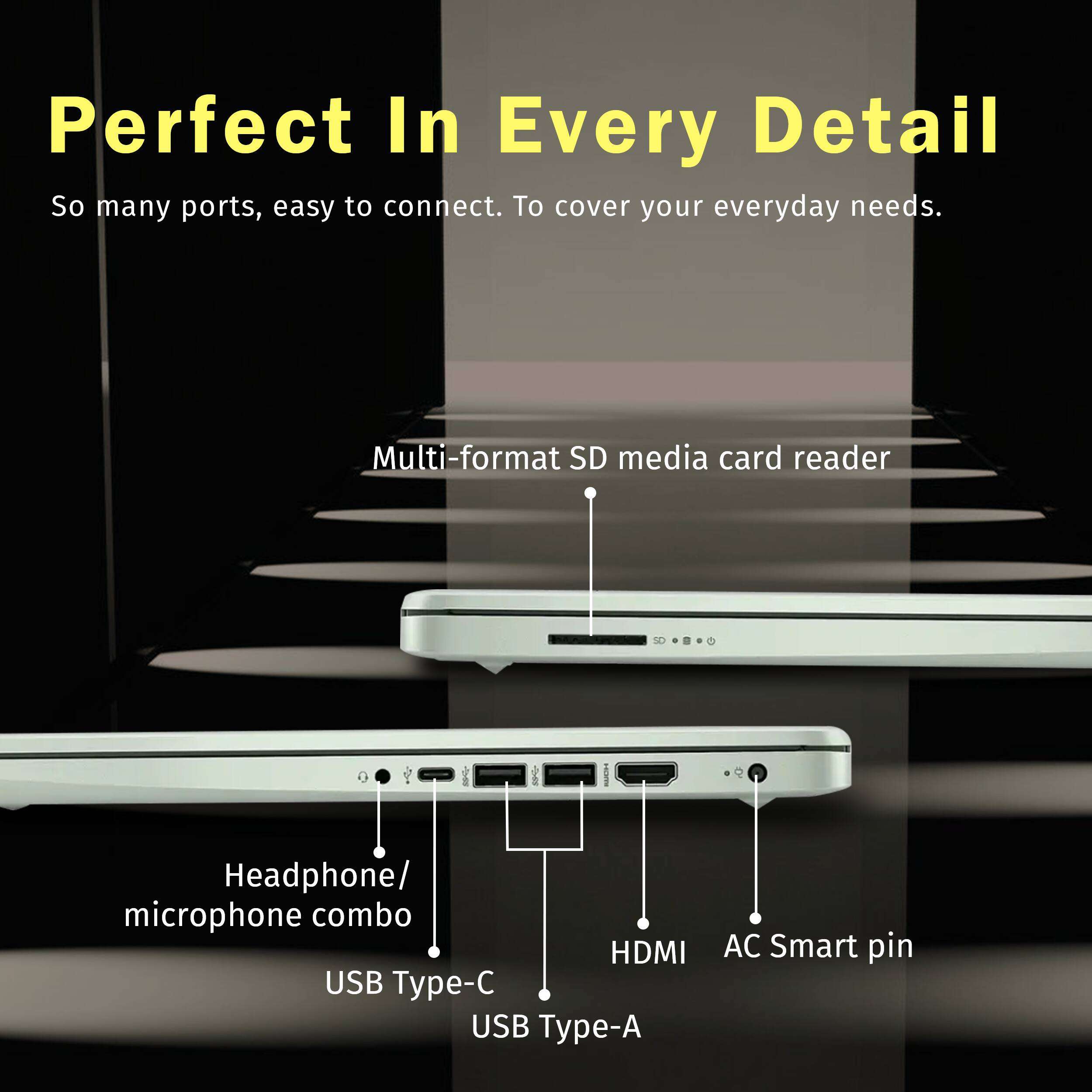 Perfect In Every Detail  
So many ports, easy to connect. To cover your everyday needs.  

Multi-format SD media card reader  
Headphone/ microphone combo  
USB Type-C  
USB Type-A  
HDMI  
AC Smart pin