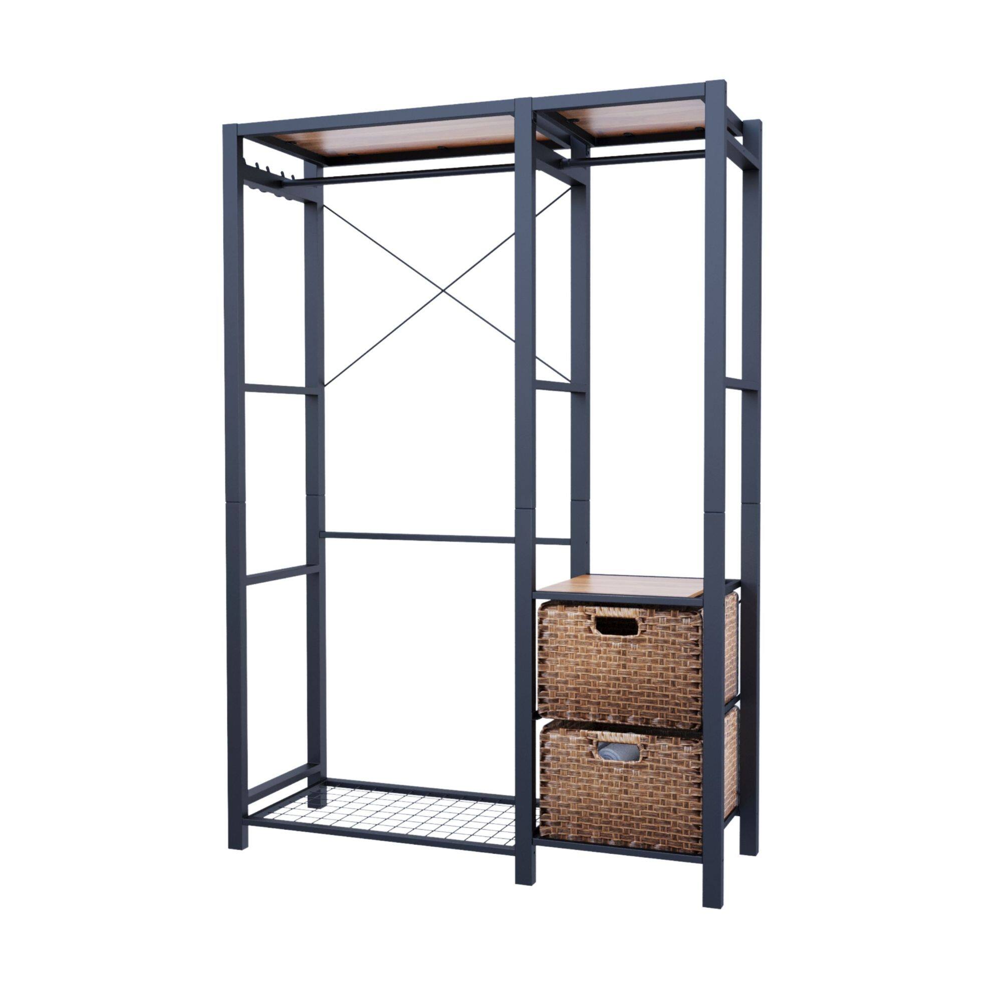 Alt View 5. GOODSILO - Freestanding Wood Garment Rack with Shelves, Drawers and Hanging Hooks - Heavy Duty Closet Organization System - Brown.