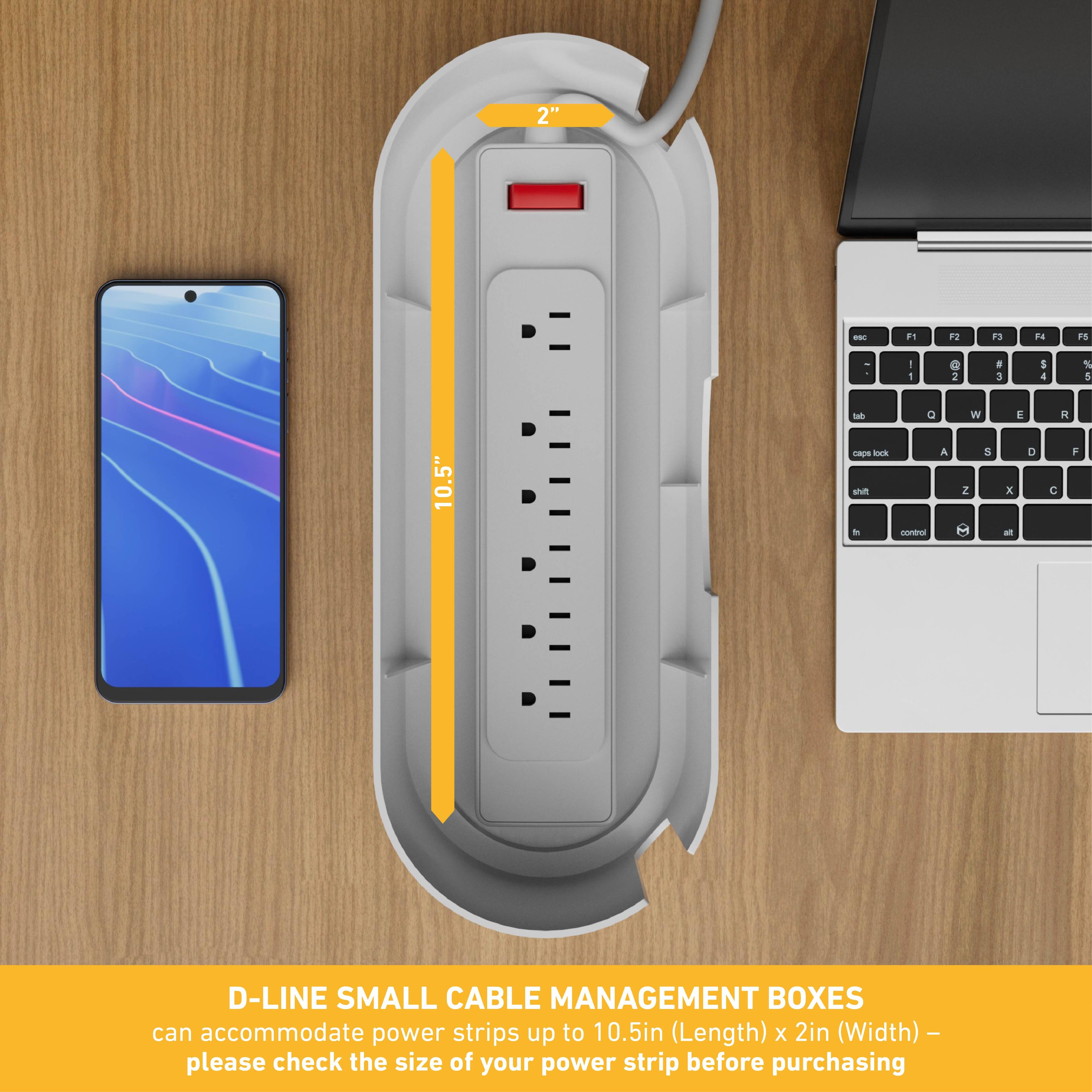 The text on the image reads: "D-Line Small Cable Management Boxes can accommodate power strips up to 10.5in (Length) X 2in (Width) - please check the size of your power strip before purchasing."
