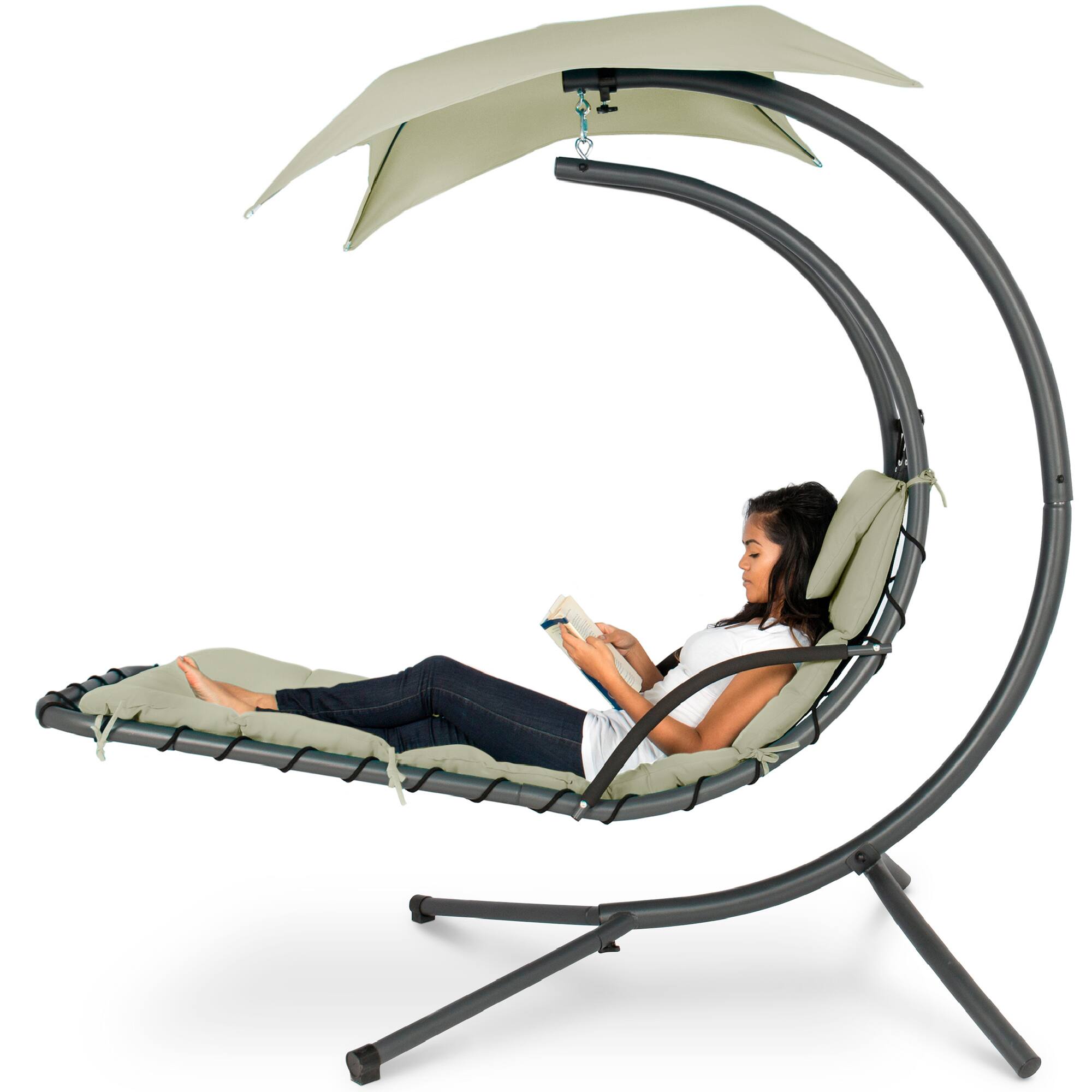 Front. Best Choice Products - Best Choice Products Hanging Curved Chaise Lounge Chair Swing w/ Pillow, Shade, Stand - Sage - Sage.