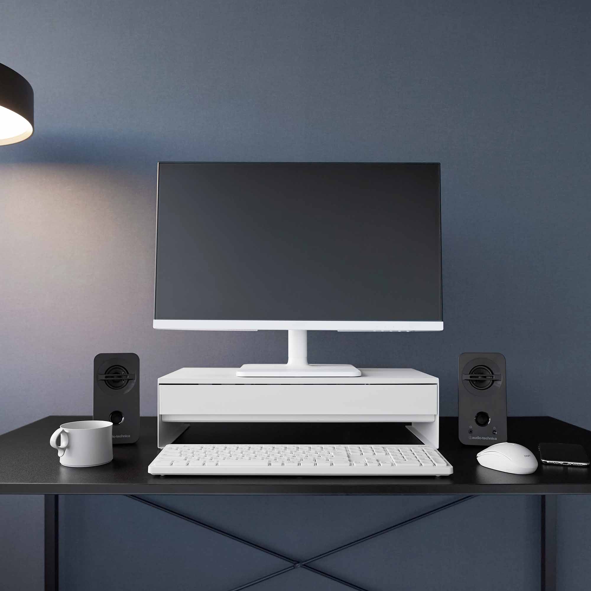 Alt View 5. Yamazaki Home - Monitor Stand With Drawer - Steel - White.
