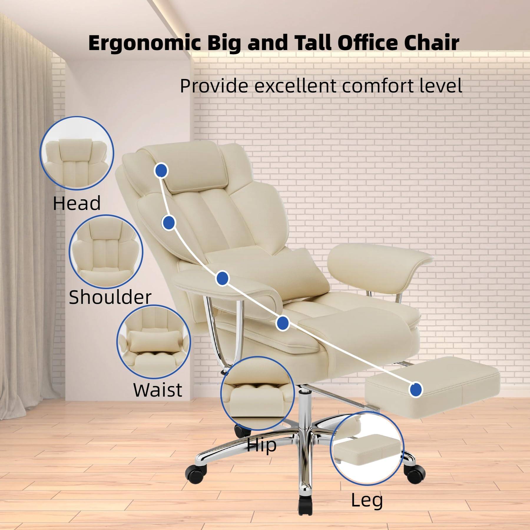 Ergonomic Big and Tall Office Chair  
Provide excellent comfort level  

Head  
Shoulder  
Waist  
Hip  
Leg
