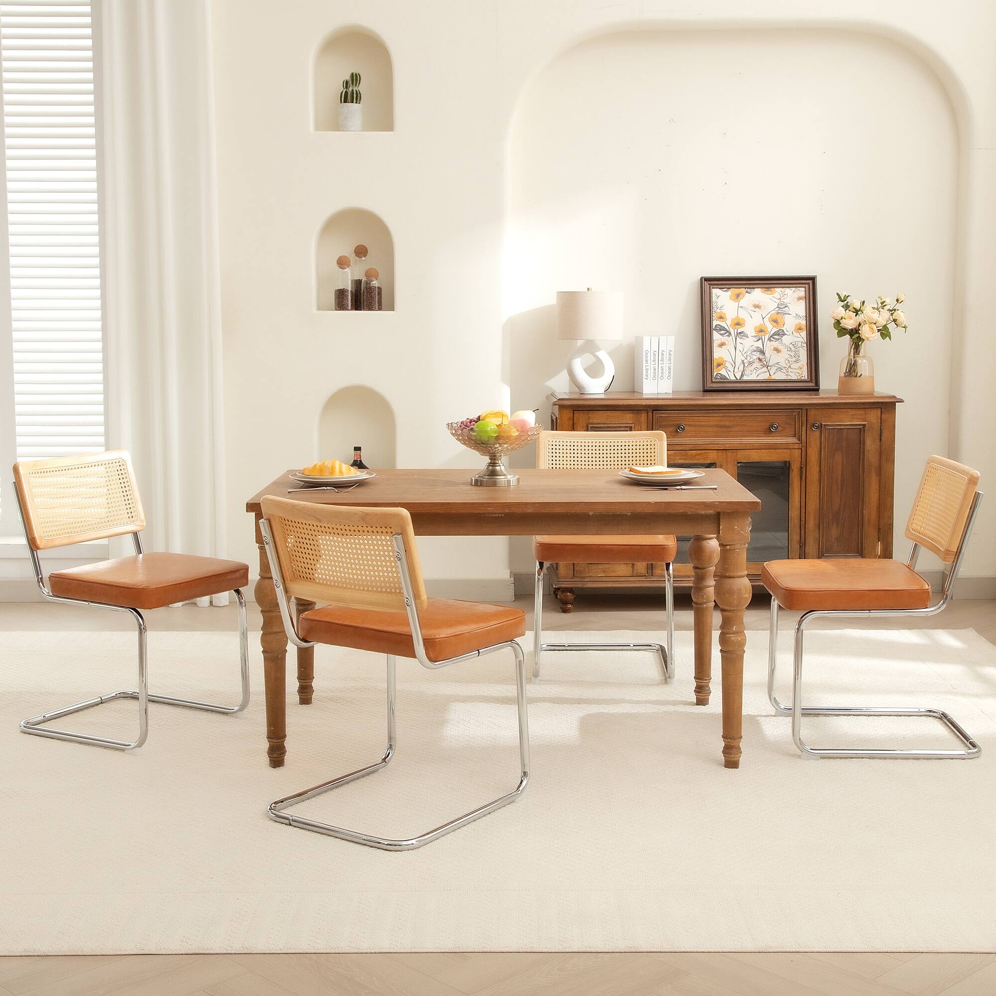 Alt View 6. KERDOM - 2 Pcs Natural Rattan Dining Chairs, PU Leather Seat Cane Back Corner Chair, Cantilever Garden Patio Chair, Cesca Style - Brown.