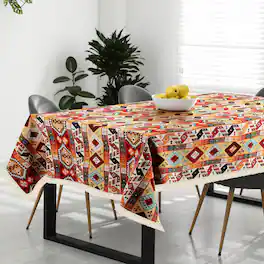 Oumilen - Boho Tribal Geometric Tablecloth with White Fringe Tassels – Rectangle for Farmhouse Party, 59x86.6in - Multicolor