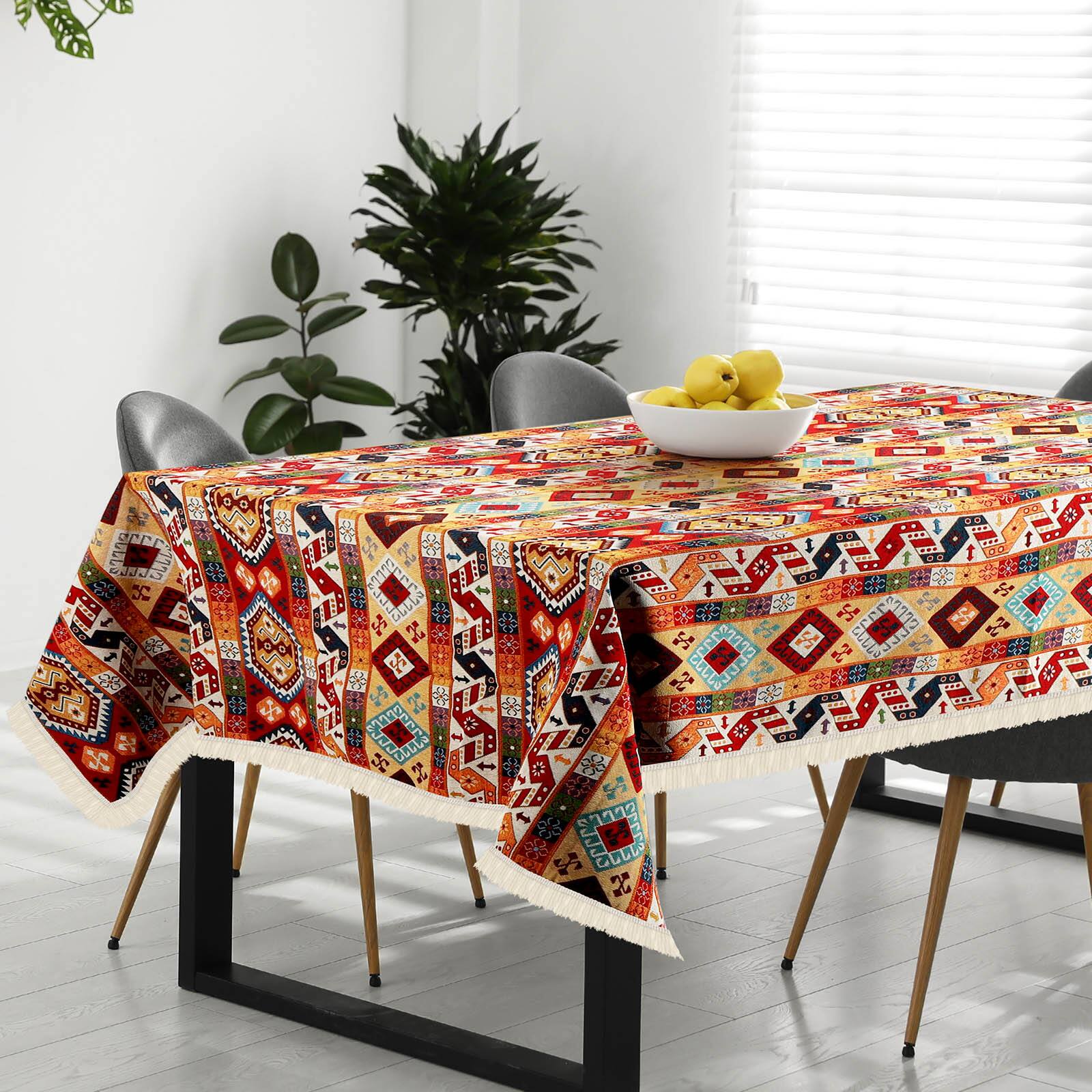 Front. Oumilen - Boho Tribal Geometric Tablecloth with White Fringe Tassels – Rectangle for Farmhouse Party, 59x86.6in - Multicolor.
