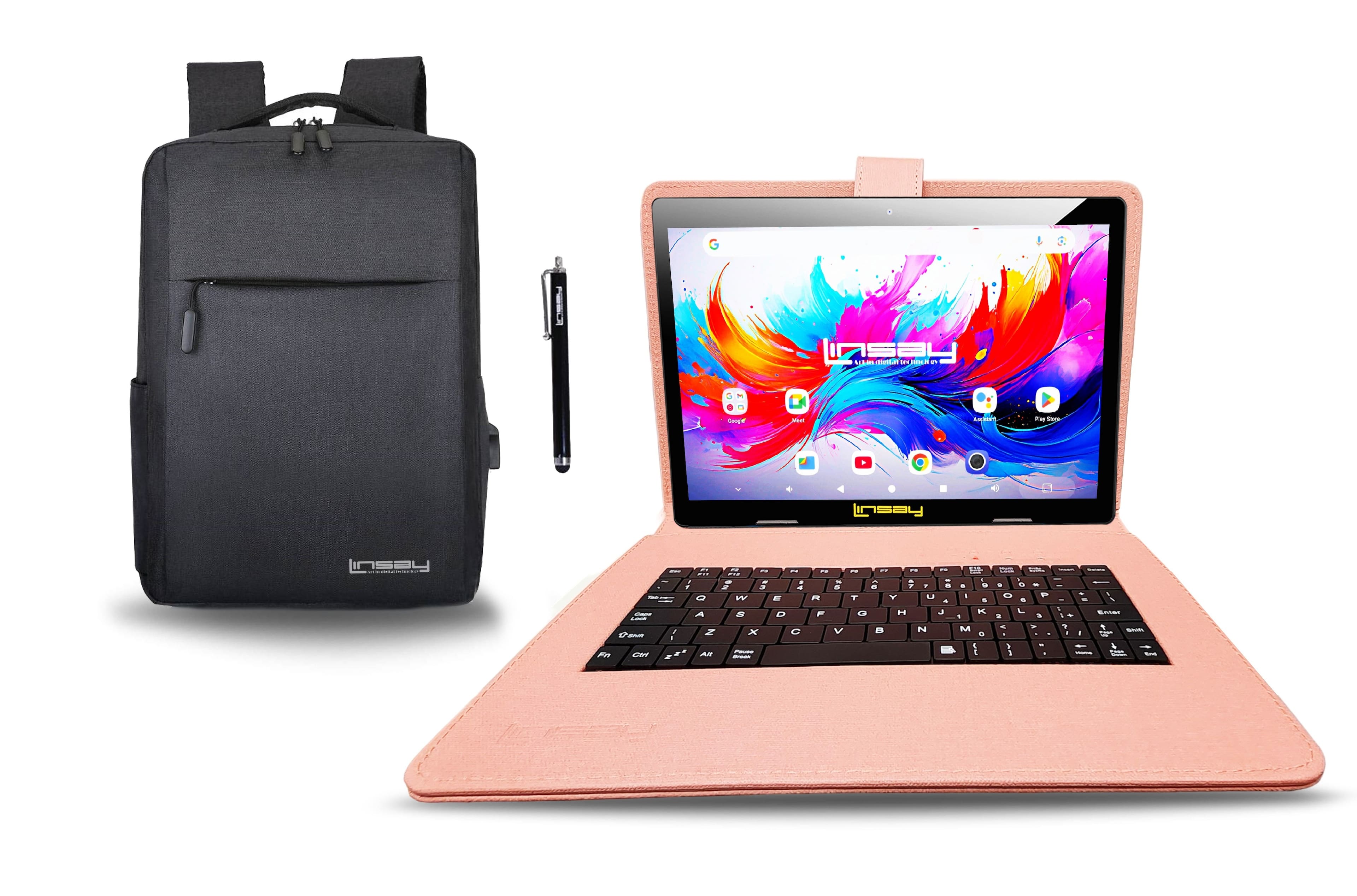 LINSAY - 10.1" Octa Core 256GB Storage Android 15 with Designer Cloth Keyboard Case and Stylish Backpack and Pen Stylus - Peach