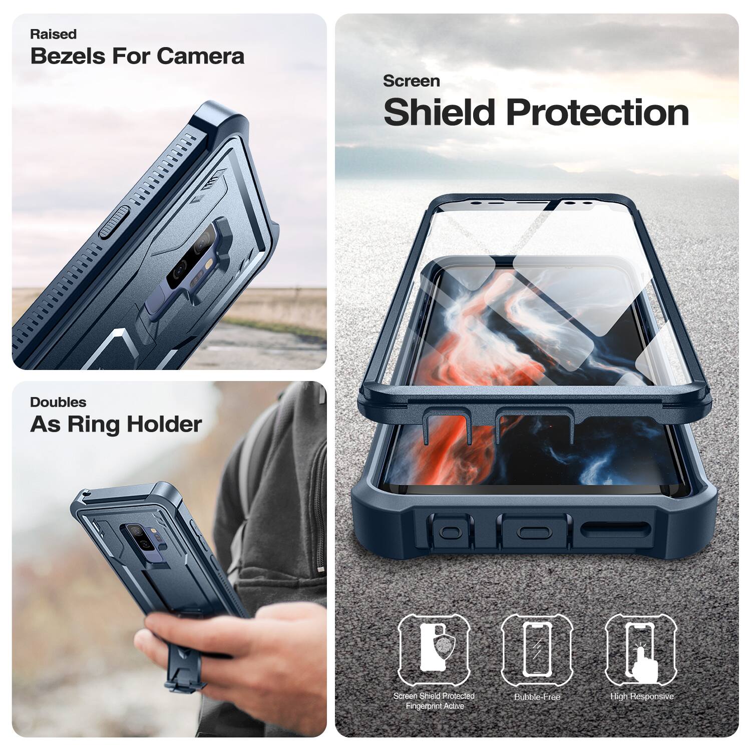 Raised Bezels For Camera  
Screen Shield Protection  
Doubles As Ring Holder  

Screen Shield Protected  
Bubble-Free  
High Responsive  
Fingerprint Active