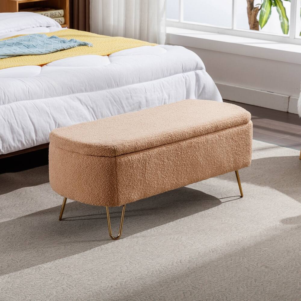 Left. Ropilly - Ropilly Camel Storage Ottoman Bench, Modern Faux Fur Entryway Bench with Gold Legs, Upholstered End of Bed Bench - Camel.
