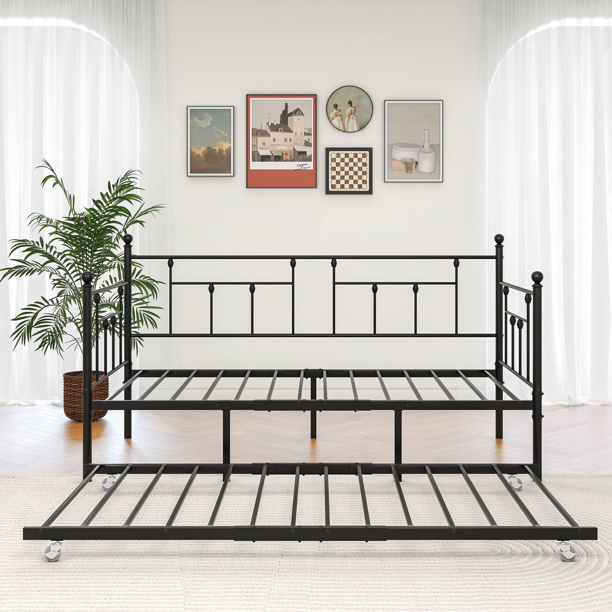 Alt View 7. GOODSILO - Twin Size Metal Daybed Frame with Adjustable Trundle Set for Guest Rooms, Bedrooms, and Living Spaces - Black.