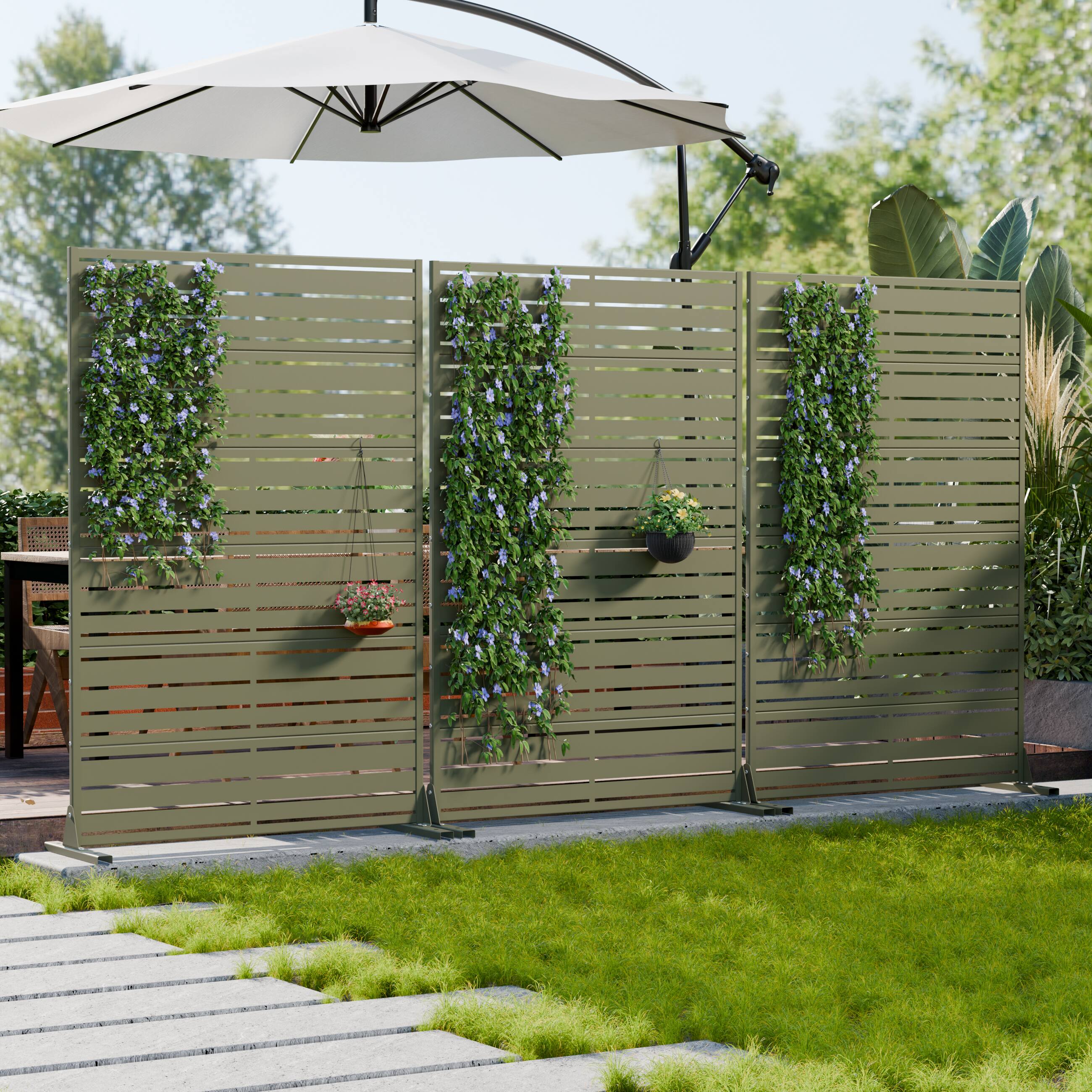 Alt View 2. PexFix - Freestanding Privacy Screen Slatted Metal Outdoor Privacy Fence Panel All-Weather Decorative Partition - Olive Gray.