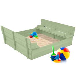 Best Choice Products - Large Outdoor Wooden Sandbox for Kids with Cover and Bench Seats Support up to 220 lbs - Sage