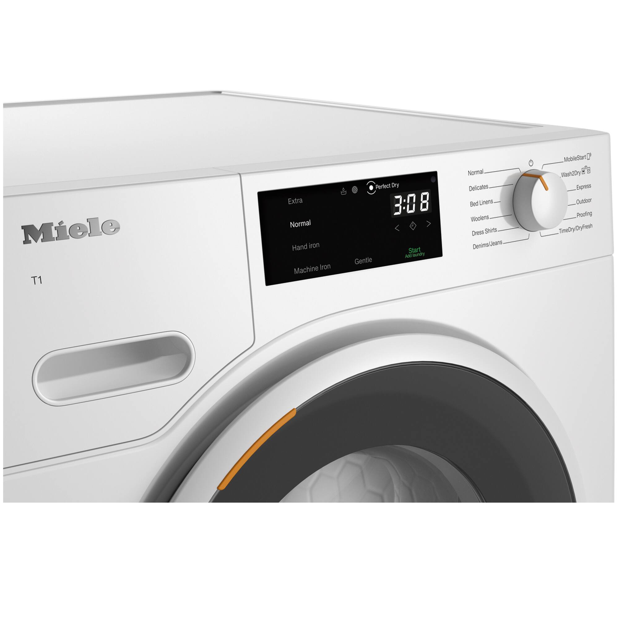 Miele T1 Extra Normal Hand Iron Machine Iron Perfect Dry 3:08 Start MI iaidty Gentle Normal Delicates Bed Linens Woolens Dress Shirts Denims/Jeans Unabaidole 1 Wash2Dry Express Outdoor Proofing TimeOry/CryFresh