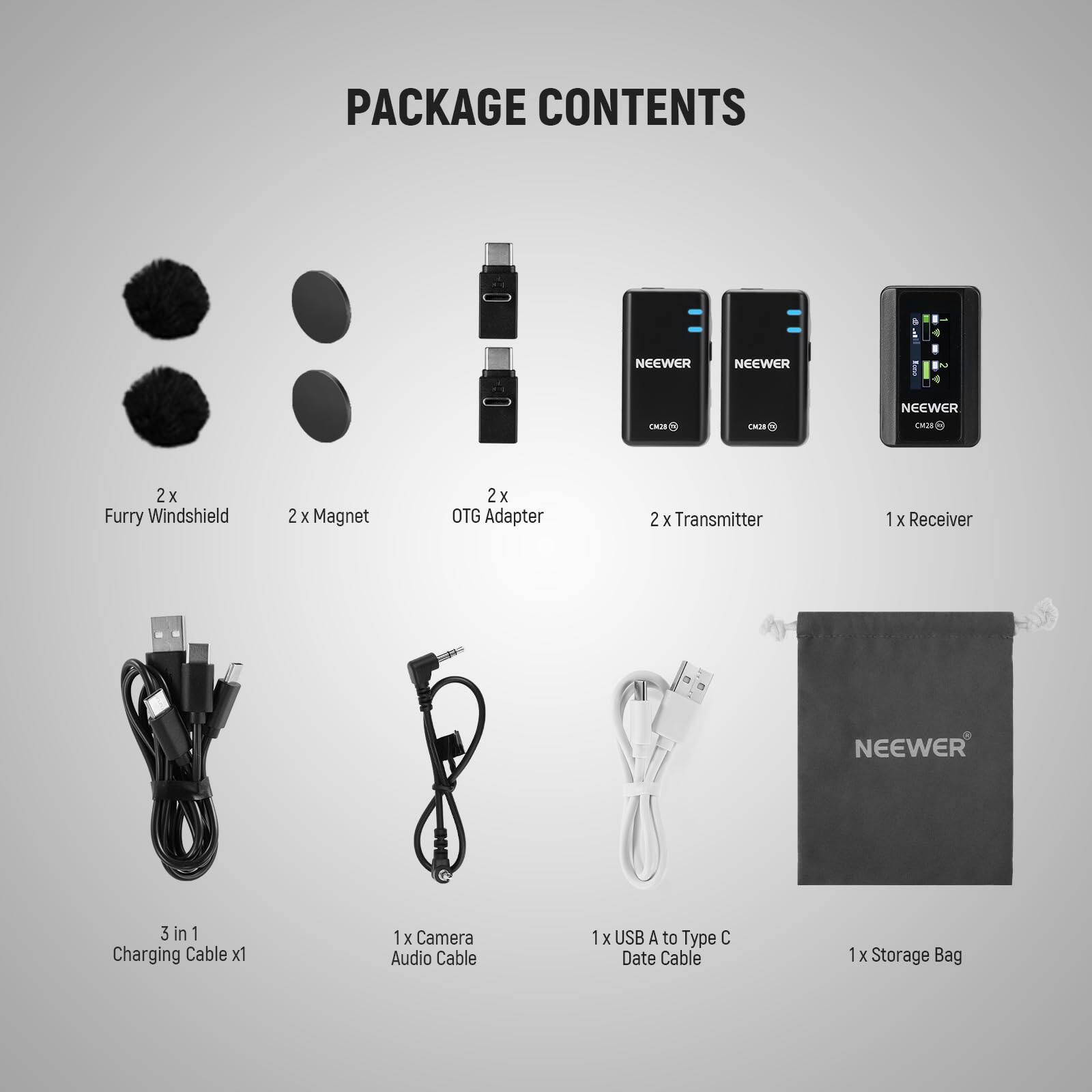 PACKAGE CONTENTS

- 2 x Furry Windshield
- 2 x Magnet
- 2 x OTG Adapter
- 2 x Transmitter
- 1 x Receiver - NEEWER
- 1 x 3 in 1 Charging Cable
- 1 x Camera Audio Cable
- 1 x USB A to Type C Data Cable
- 1 x Storage Bag