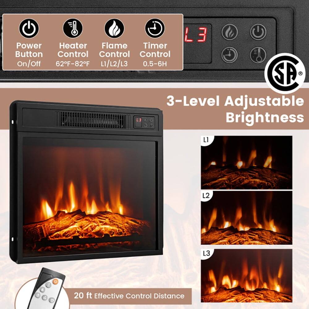 L3 Power Heater Flame Timer Button Control  
- Power Button On/Off  
- Heater Control 62°F-82°F  
- Flame Control L1/L2/L3  
- Timer Control 0.5-6H  
- 3-Level Adjustable Brightness (L1, L2, L3)  
- 20 ft Effective Control Distance