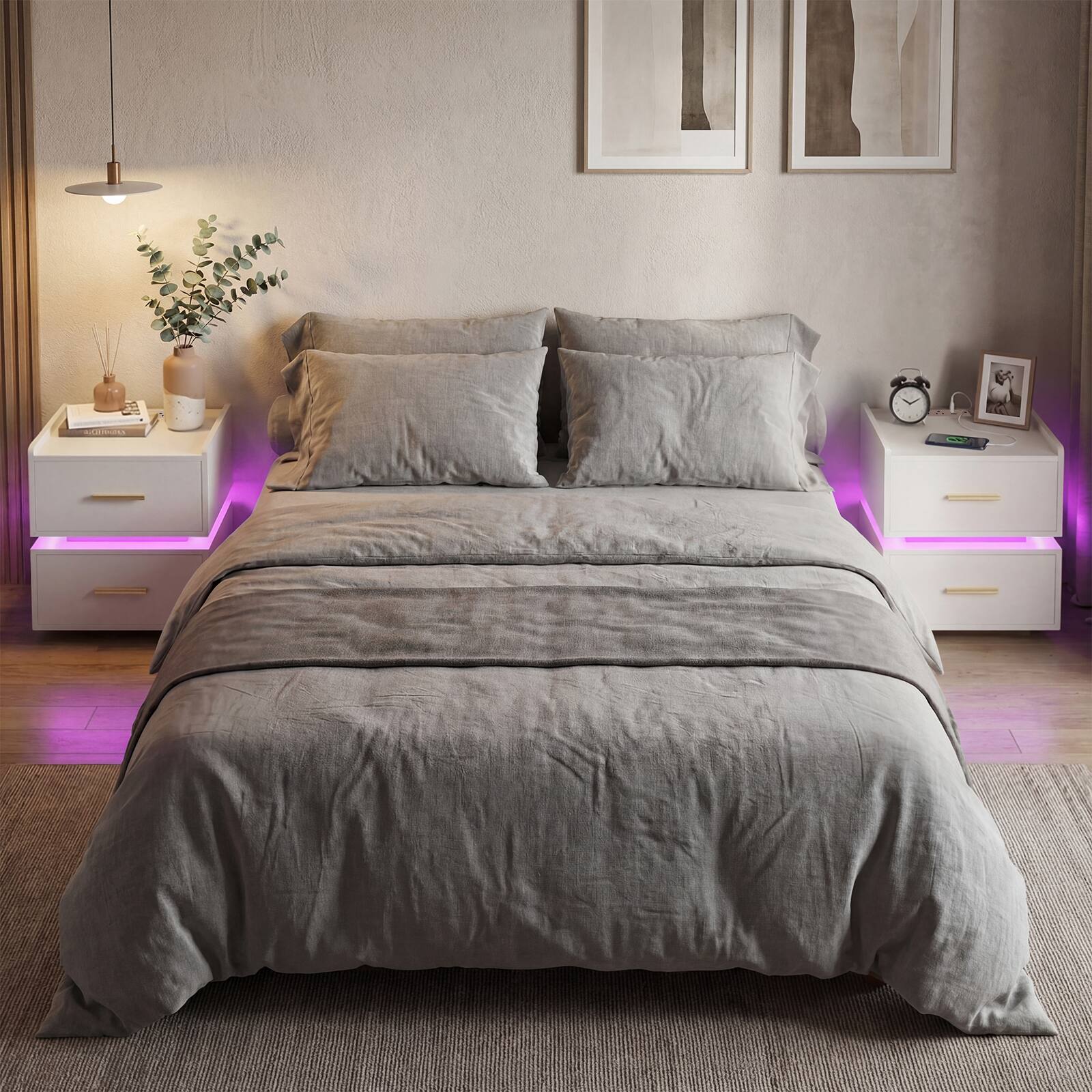 Alt View 3. Costway - Costway 1 PCS Nightstand with Charging Station,LED Bedside Table with 2 Storage Drawers - White.