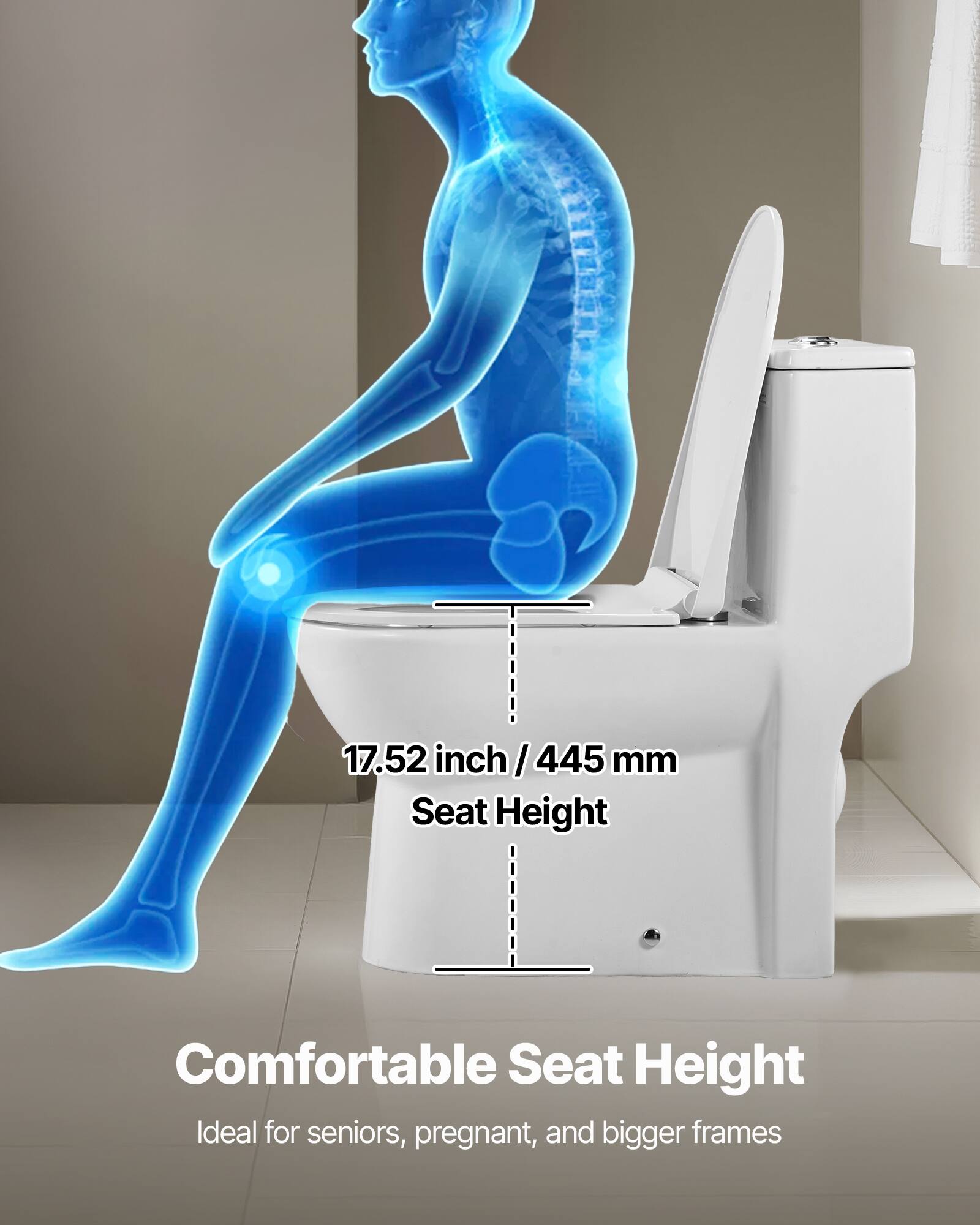 17.52 inch/445 mm Seat Height  
Comfortable Seat Height  
Ideal for seniors, pregnant, and bigger frames