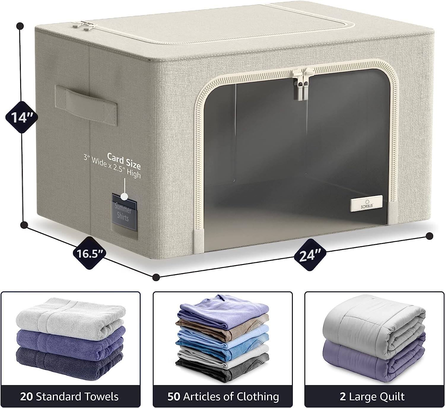 14" x 3" Card Size (3" Wide x 2.5" High)  
16.5" x 24"  
Summer Shirts  
20 Standard Towels  
50 Articles of Clothing  
2 Large Quilt