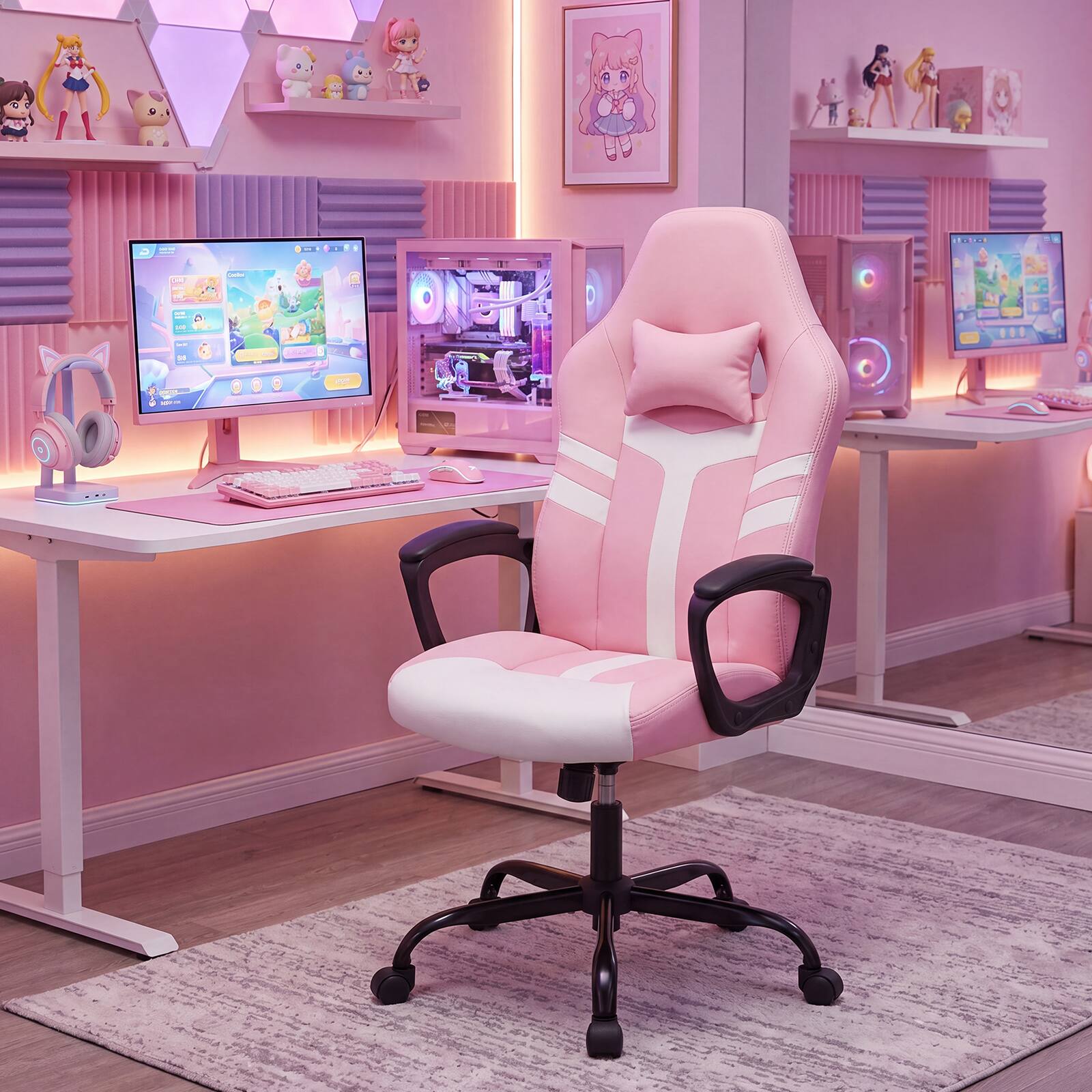 Alt View 1. Costway - Costway Faux Leather Upholstered Office Chair with Removable Head Pillow, Padded Armrests - Pink + Black.