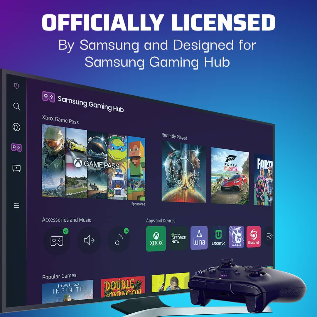The text on the image is grouped and corrected as follows:
Officially licensed by Samsung and designed for Samsung Gaming Hub & Samsung Gaming Hub Xbox Game Pass. Recently played games: Starfield, Forza Horizon 5, Fortnite. Sponsored accessories and music apps and devices - Augeforce Xbox Now, Luna, Ultimate Arcade, Blocknut, ED, Popular Games, Halo Infinite, Double Anarchy.