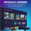The text on the image is grouped and corrected as follows:

Officially licensed by Samsung and designed for Samsung Gaming Hub & Samsung Gaming Hub Xbox Game Pass. Recently played games: Starfield, Forza Horizon 5, Fortnite. Sponsored accessories and music apps and devices - Augeforce Xbox Now, Luna, Ultimate Arcade, Blocknut, ED, Popular Games, Halo Infinite, Double Anarchy.
