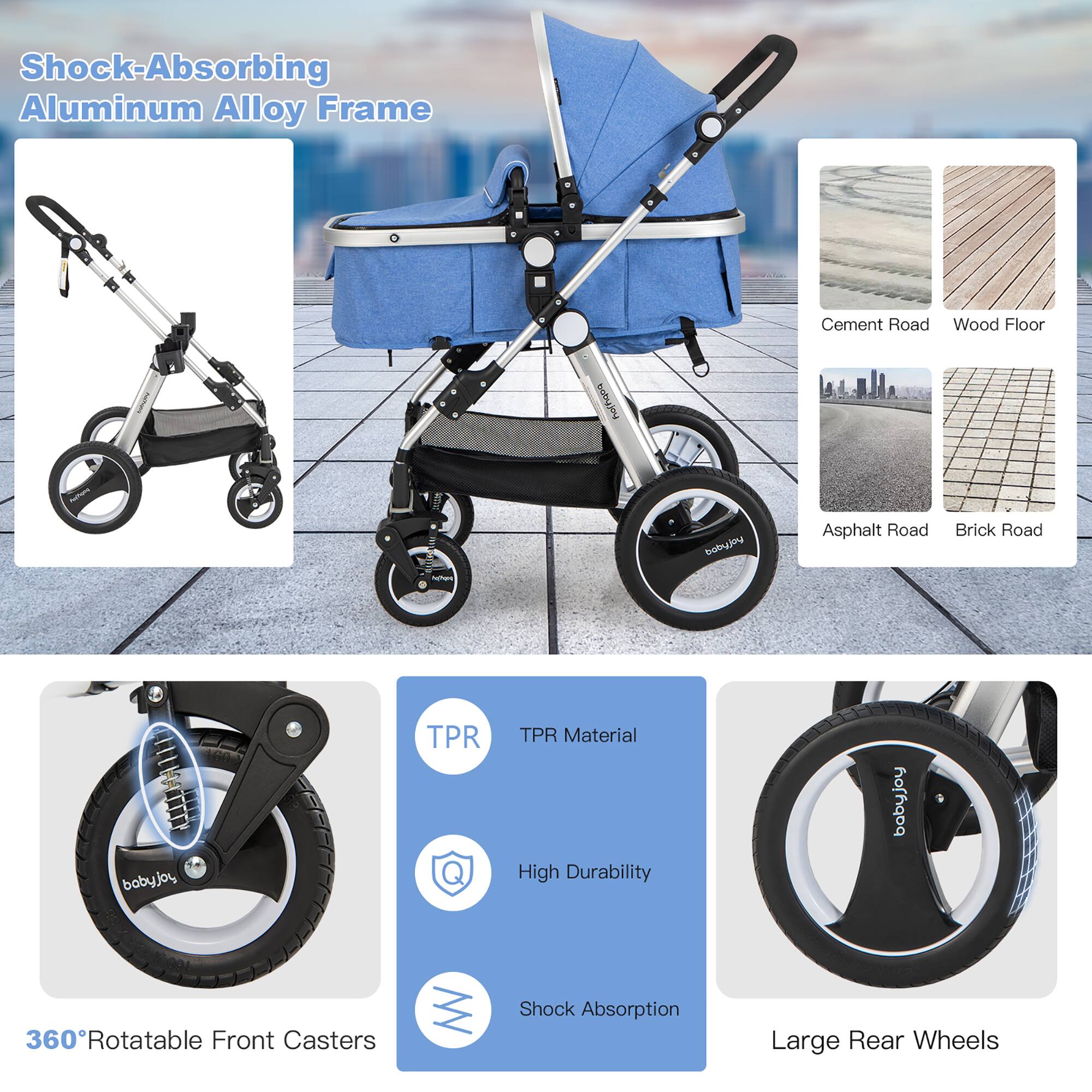 - Shock-Absorbing Aluminum Alloy Frame
- Cement Road
- Wood Floor
- Asphalt Road
- Brick Road
- 360° Rotatable Front Casters
- TPR Material
- High Durability
- Shock Absorption
- Large Rear Wheels