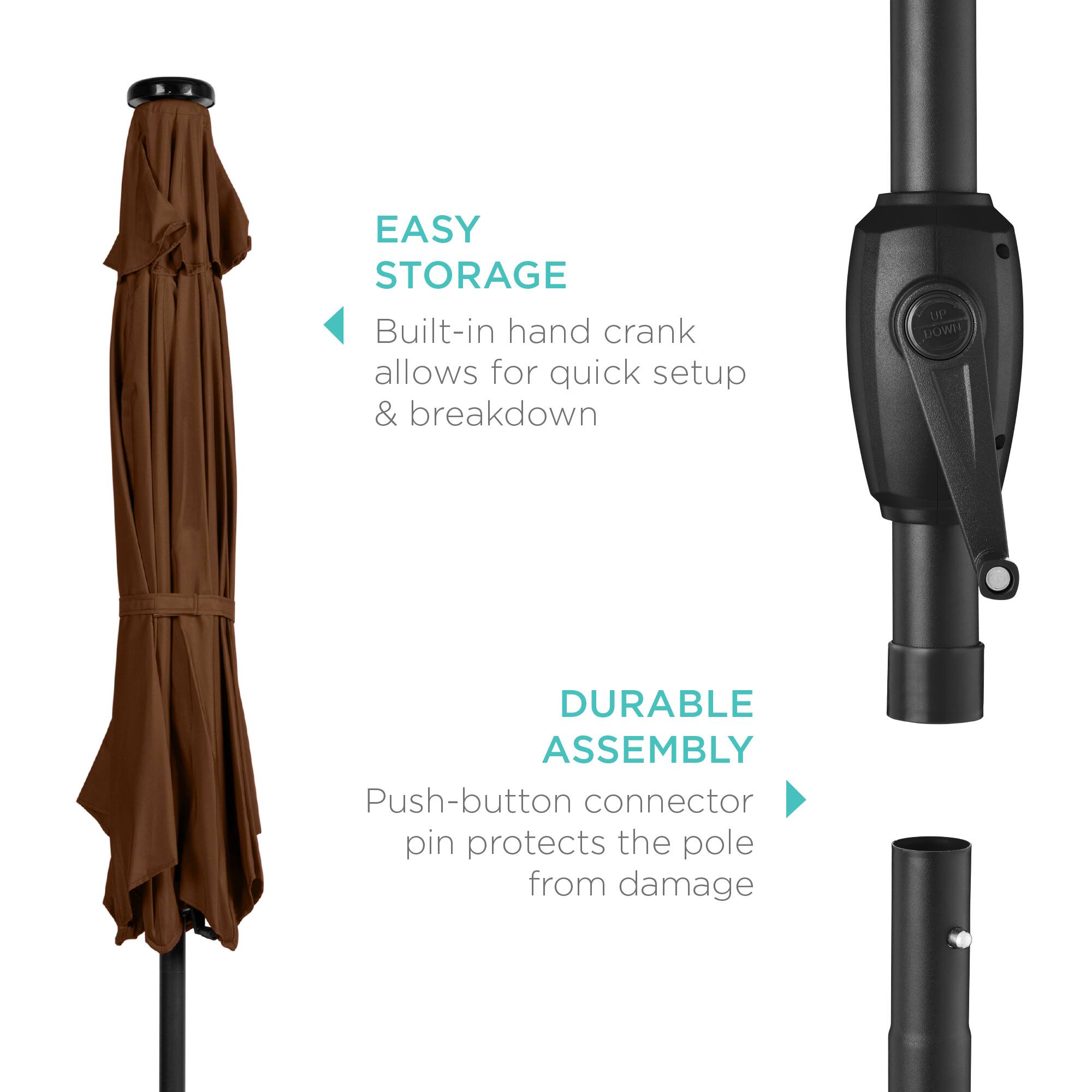EASY STORAGE  
Built-in hand crank allows for quick setup & breakdown  

DURABLE ASSEMBLY  
Push-button connector pin protects the pole from damage