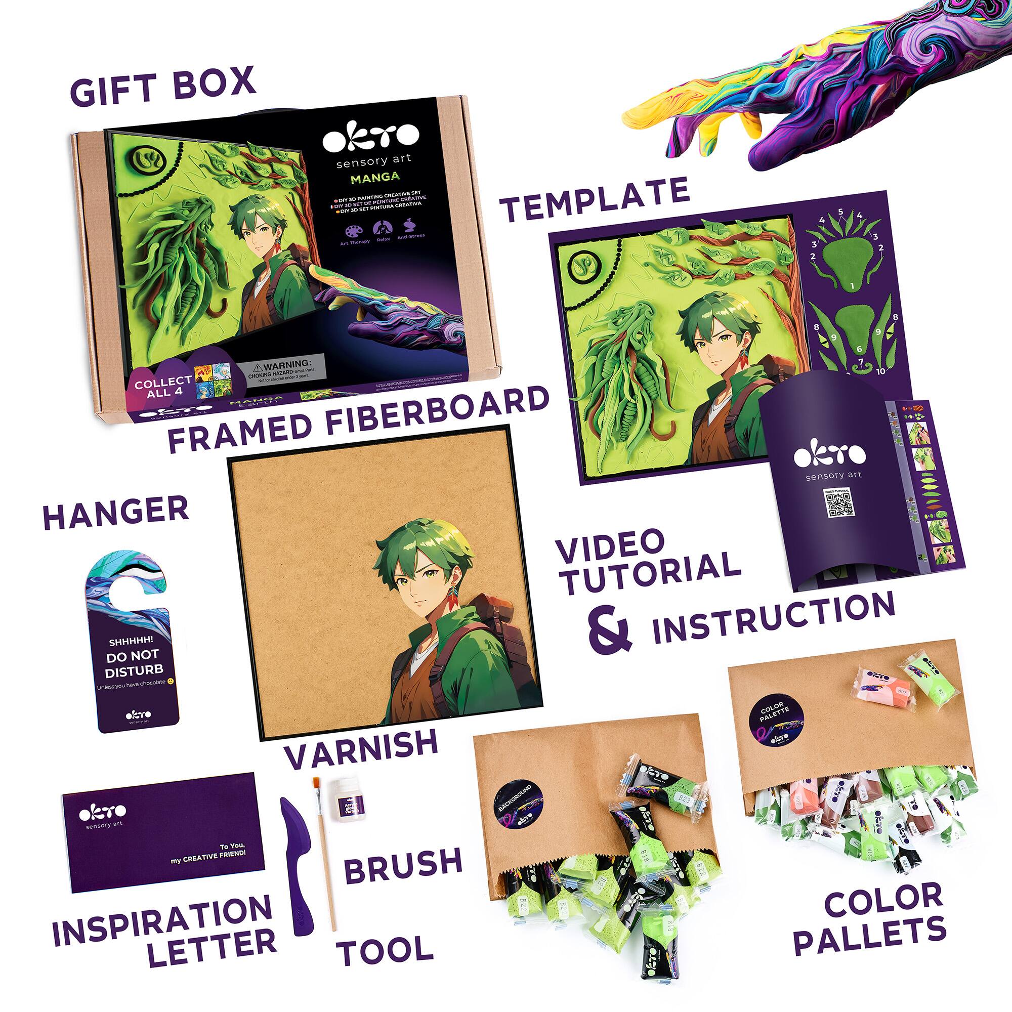 GIFT BOX  
TEMPLATE  
FRAMED FIBERBOARD  
HANGER  
VARNISH  
BRUSH  
INSPIRATION LETTER  
TOOL  
VIDEO TUTORIAL & INSTRUCTION  
COLOR PALLETS