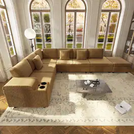 Anysun - 110.2" L-Shaped Convertible Corduroy Sectional Sofa Set with Removable Ottoman, Hidden Storage, USB Ports & Cup Holders - Camel