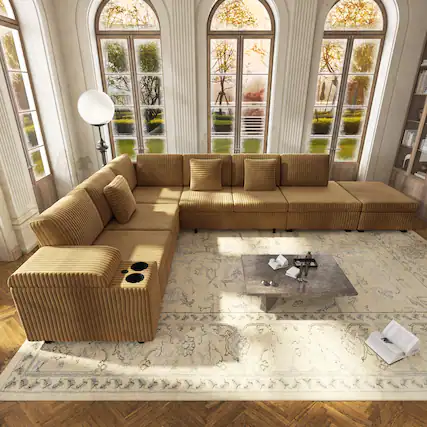 Front. Anysun - 110.2" L-Shaped Convertible Corduroy Sectional Sofa Set with Removable Ottoman, Hidden Storage, USB Ports & Cup Holders - Camel.